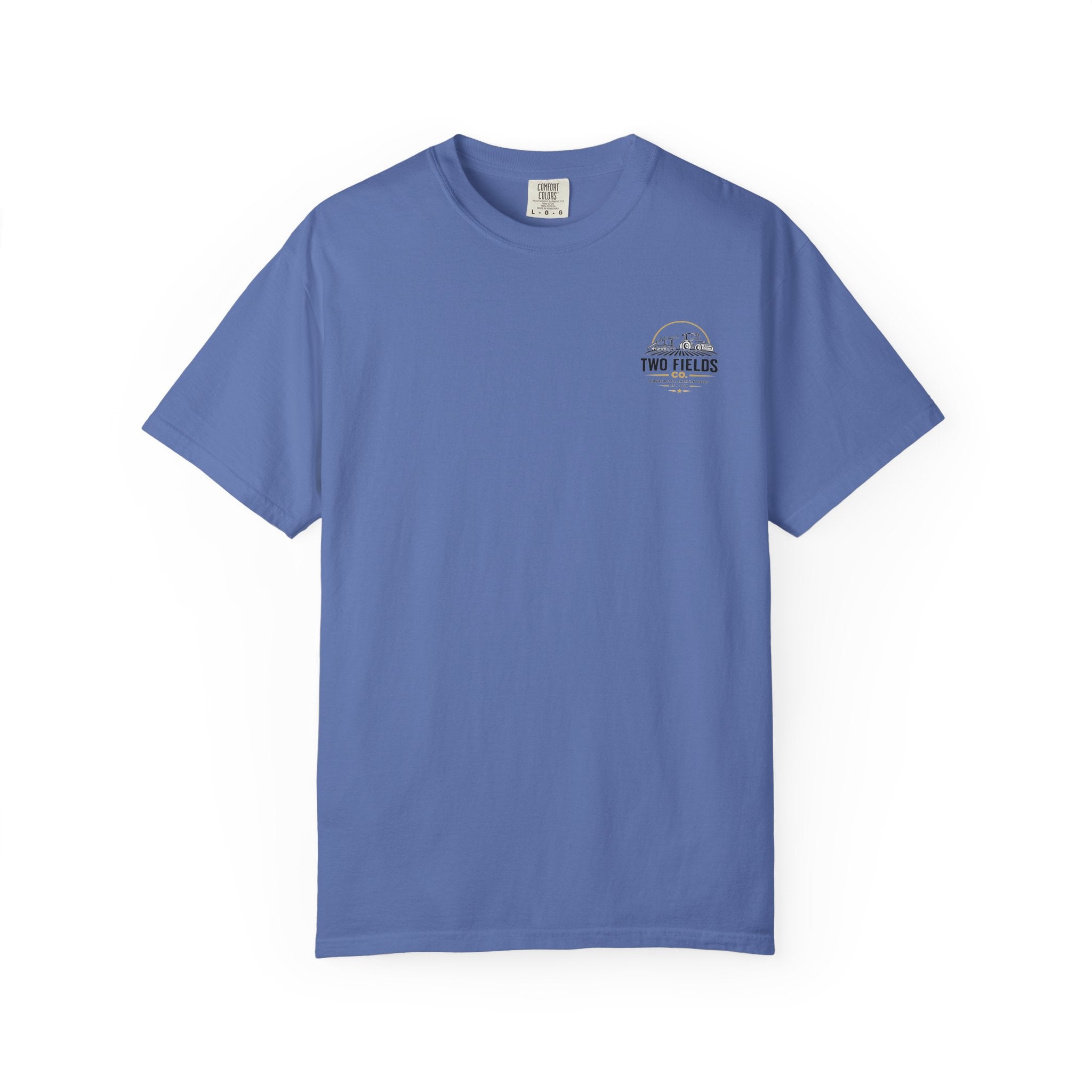 Blue T-shirt with small Two Fields logo graphic on left chest
