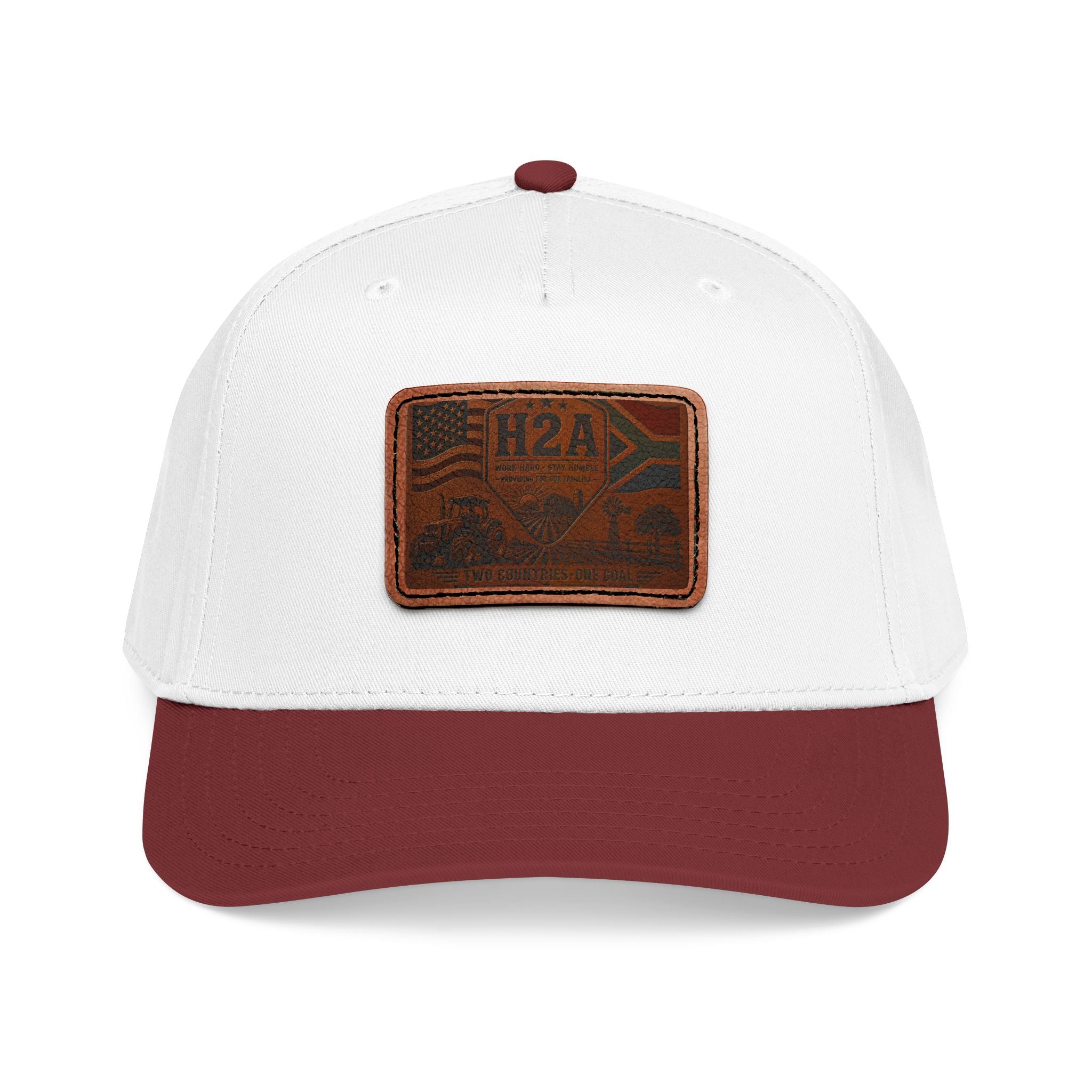 White baseball cap with maroon brim and rectangular leather H2A flag patch
