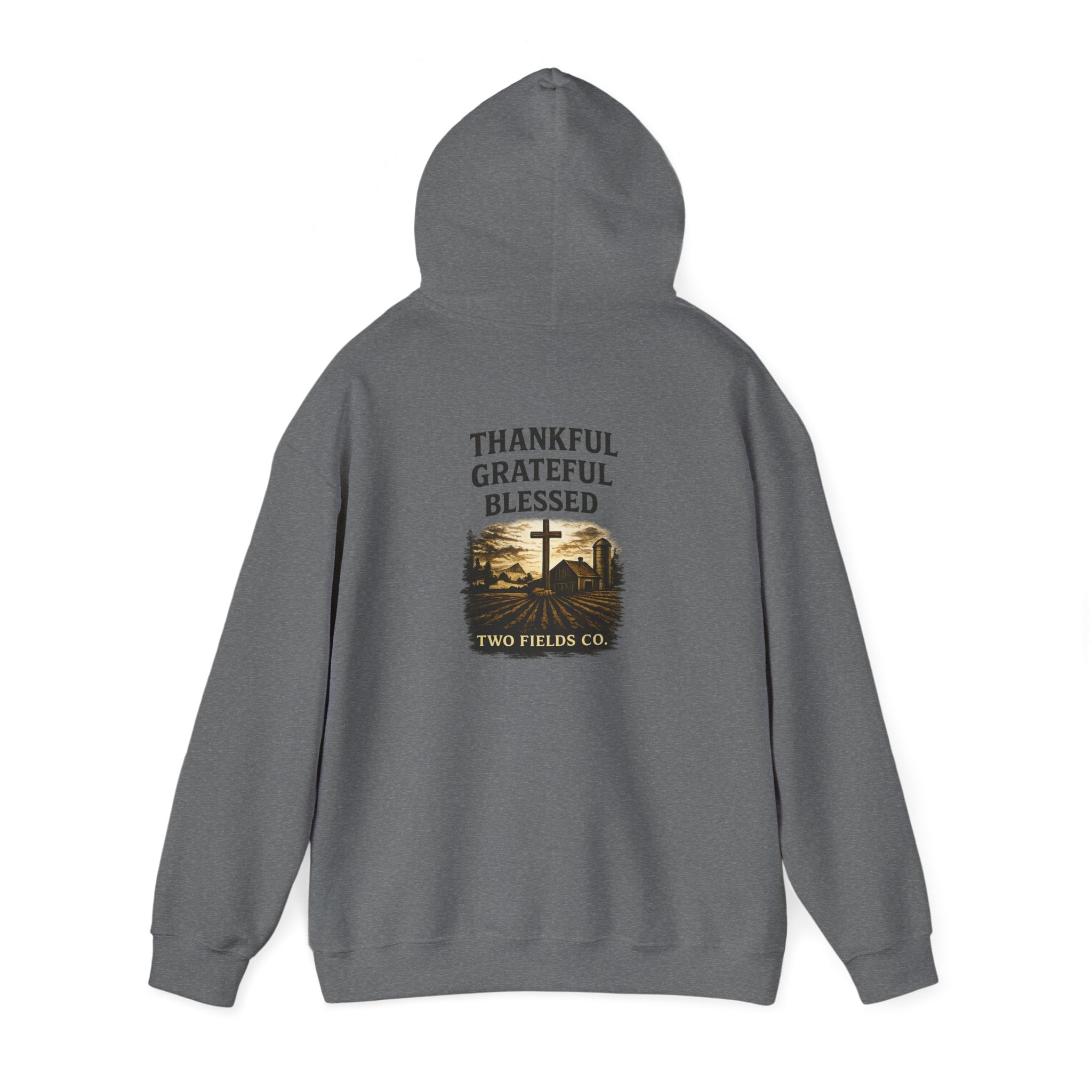 Gray pullover hoodie with back print: Thankful Grateful Blessed cross and house graphic
