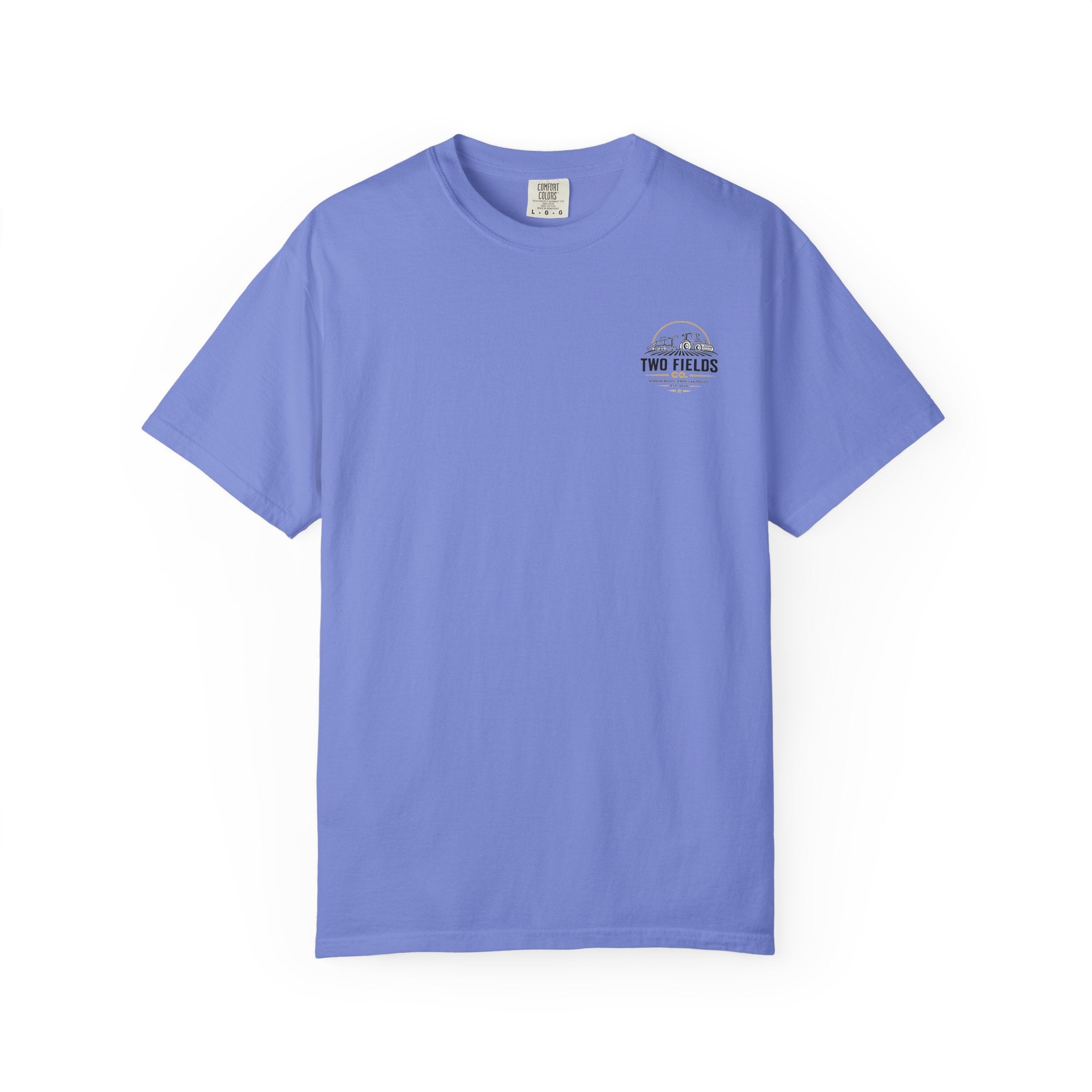 Light purple farm graphic t-shirt with small Two Fields Co. logo at the chest