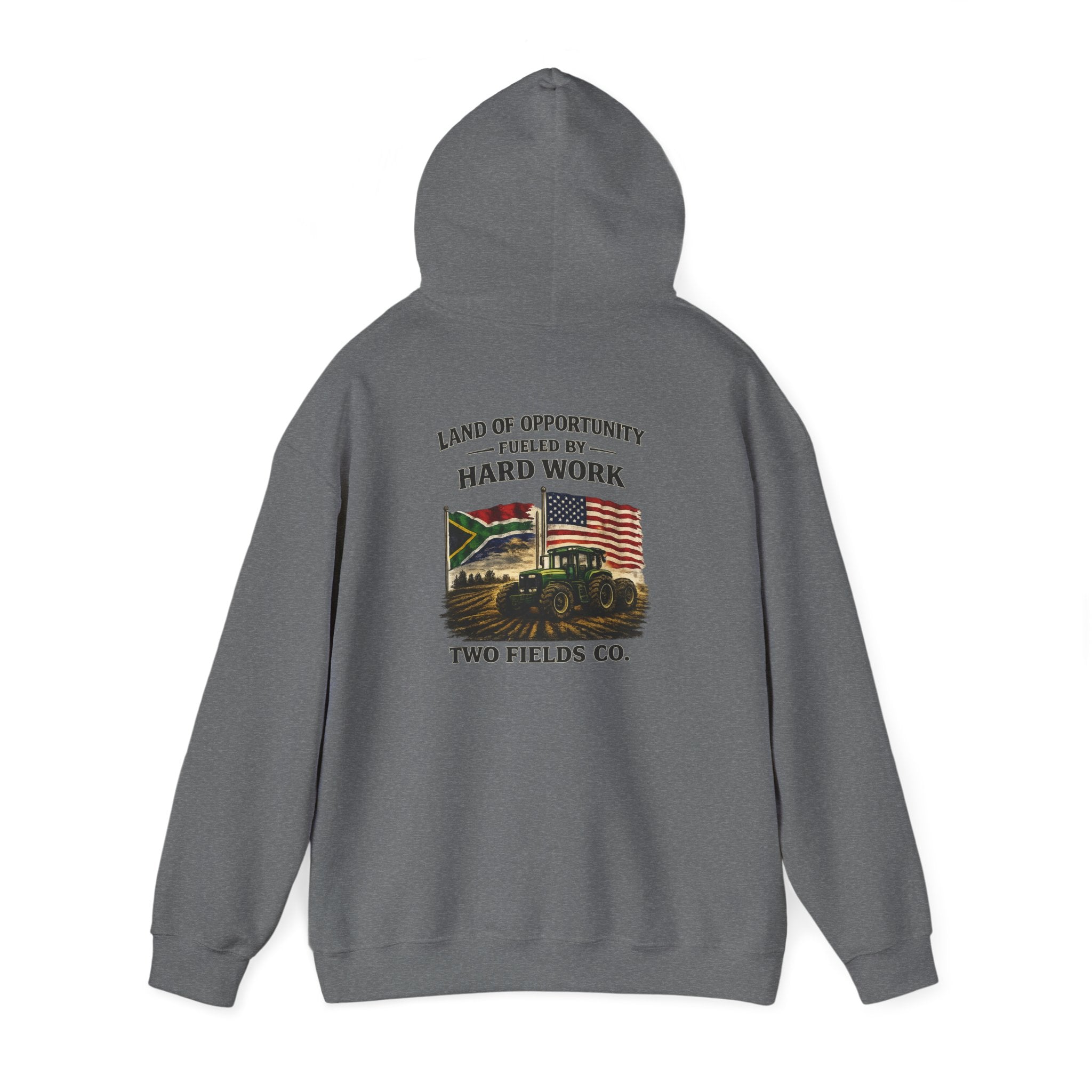 Charcoal hoodie with hood and back tractor graphic with "Hard Work" text