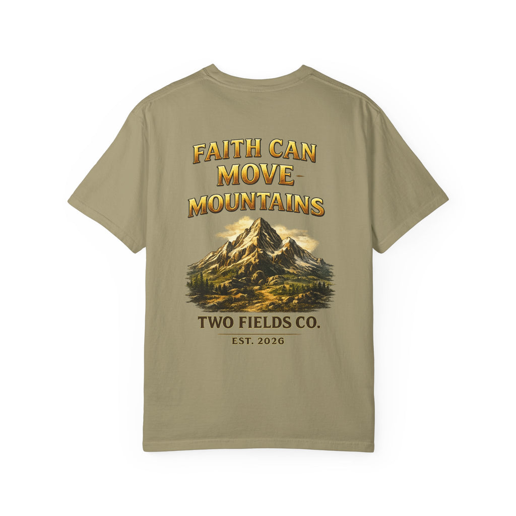 Olive green mountain graphic T-shirt with front slogan and Two Fields logo