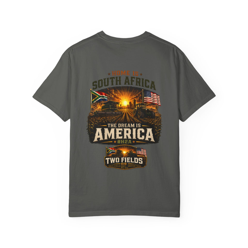 Dark grey graphic t-shirt with large “South Africa” and “America” front print