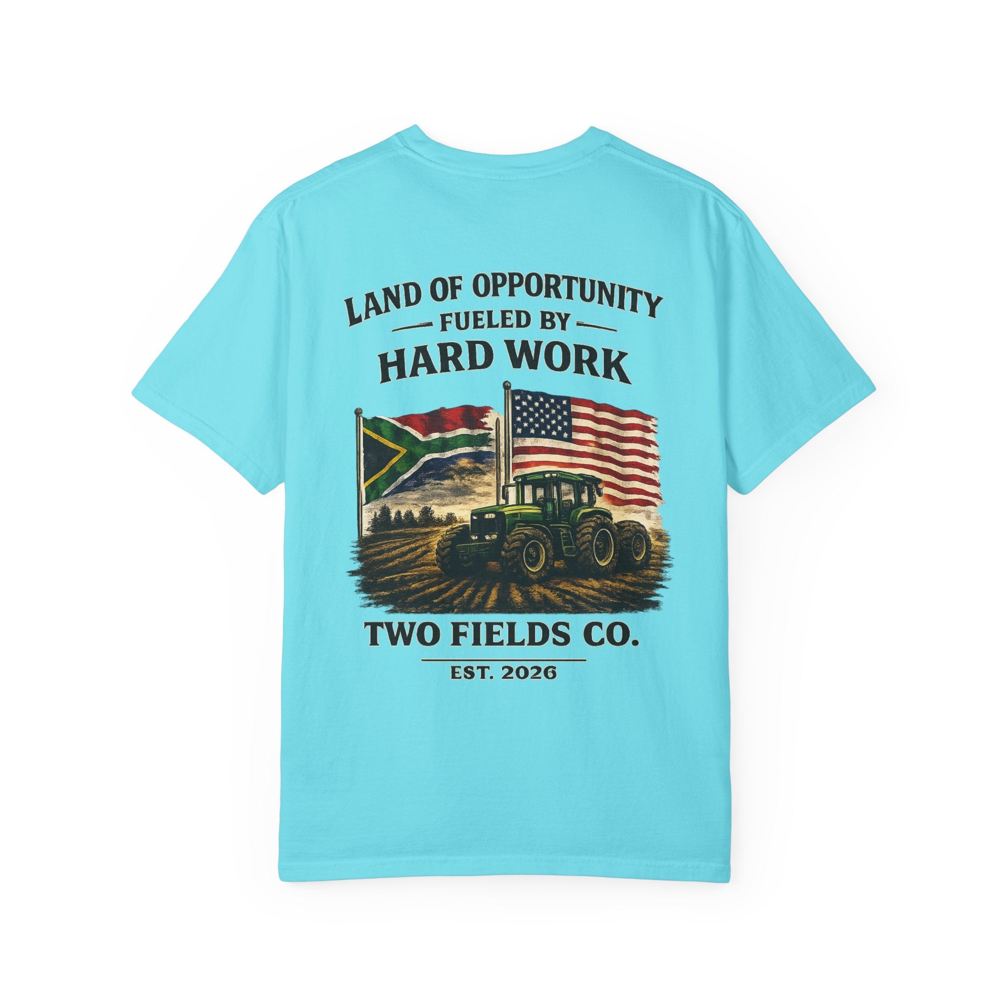 Light blue crew-neck T-shirt with tractor graphic and “Land of Opportunity” text on front