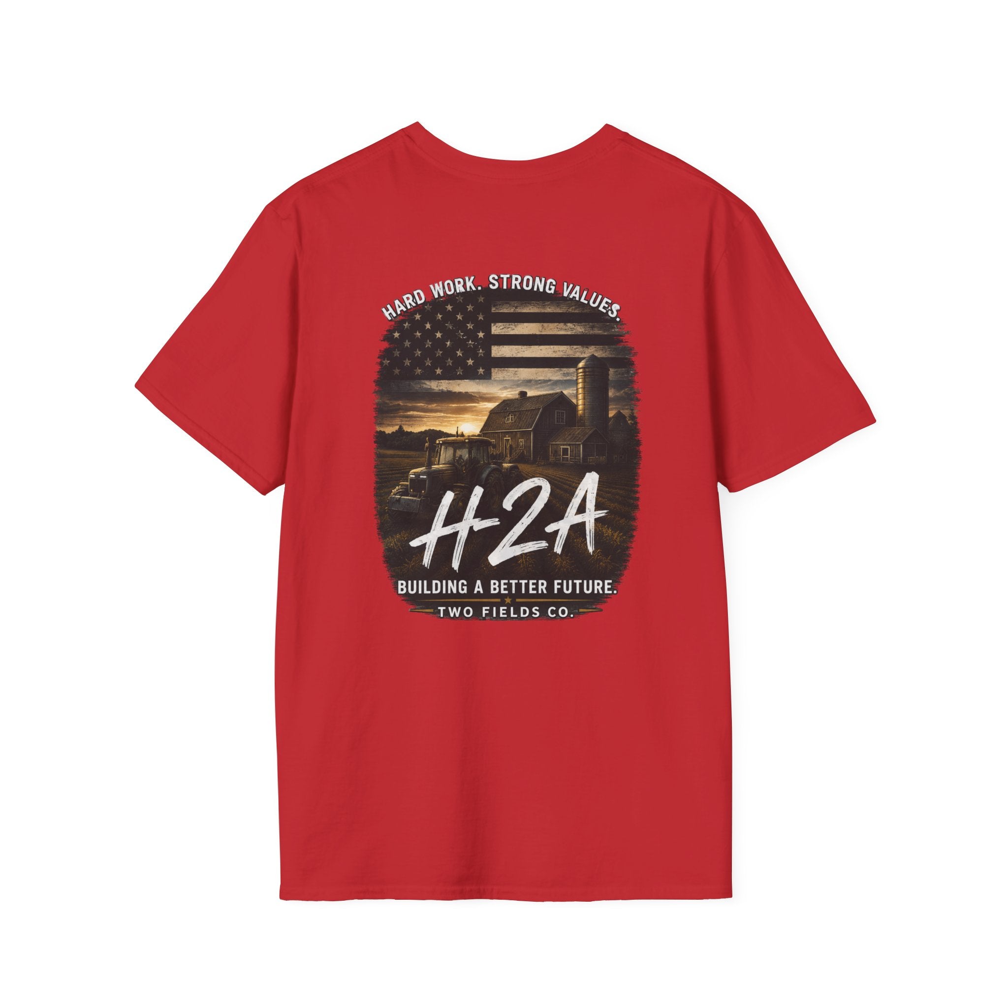 Unisex softstyle T-shirt in red with large center H2A truck and text graphic