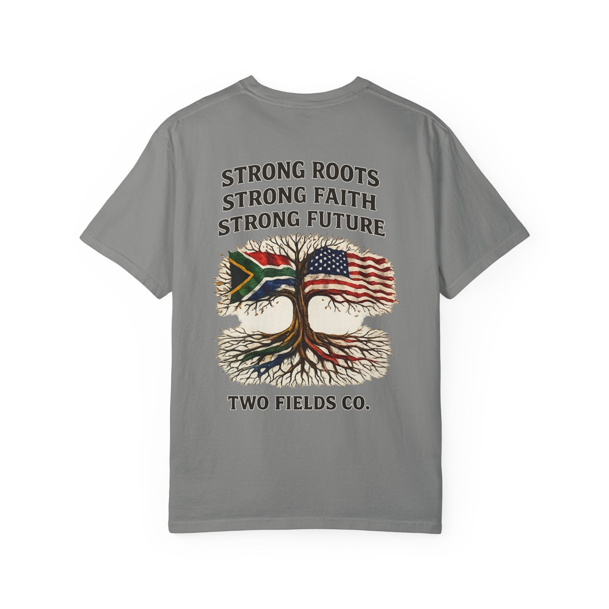 Gray graphic T-shirt with text and tree graphic print on the front