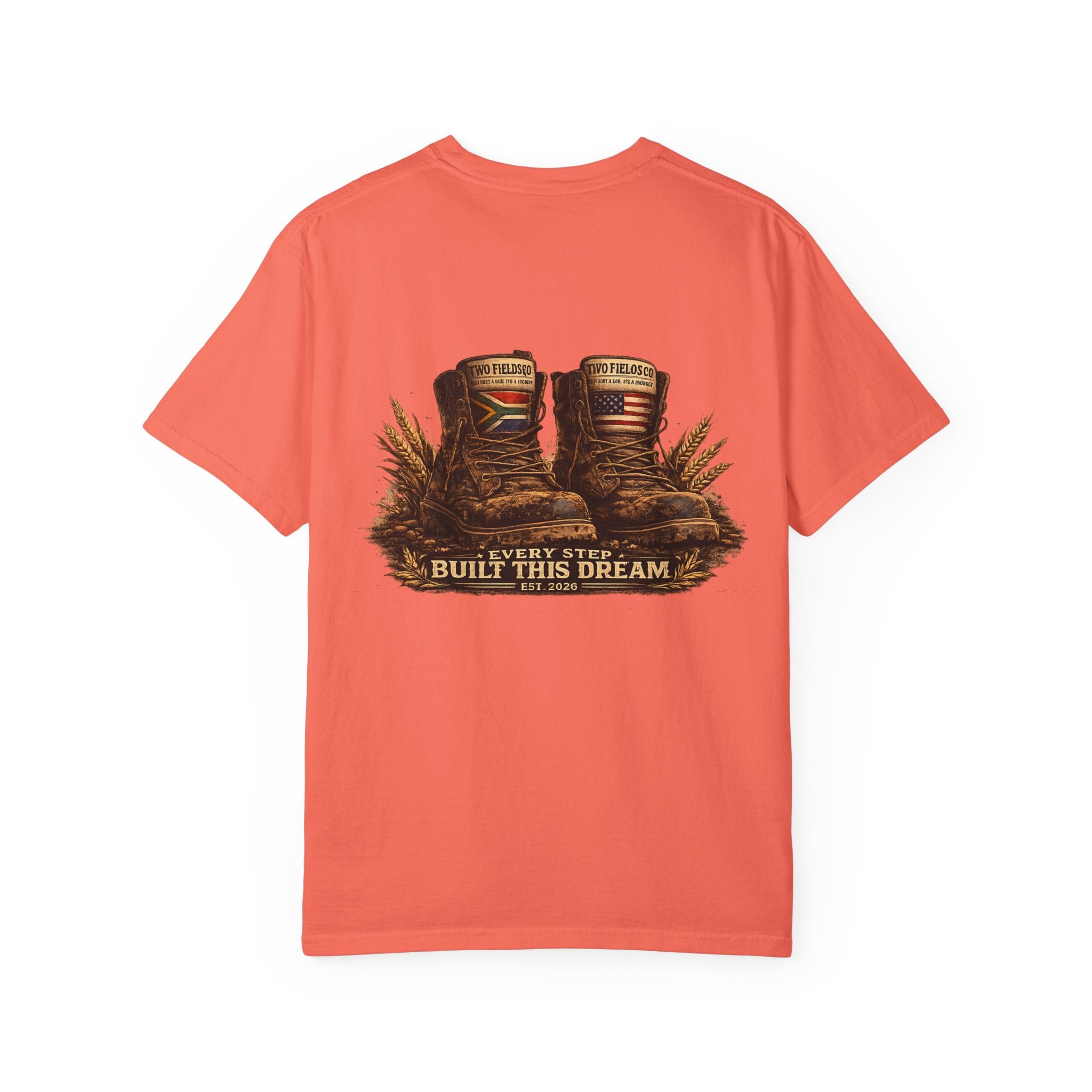 Red T-shirt with centered work boots graphic and slogan print on the front