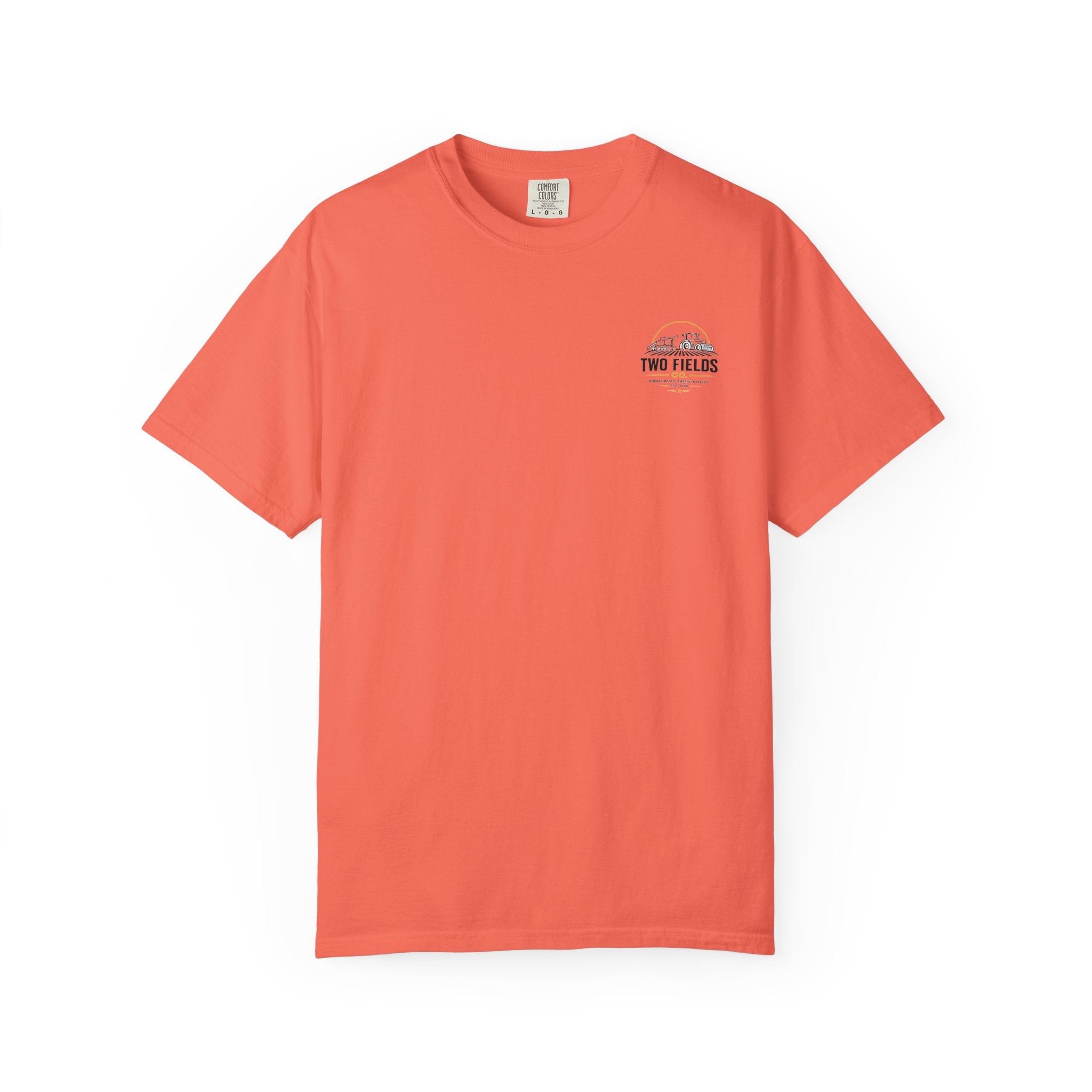 Coral crewneck t-shirt with small Two Fields Co. logo on chest