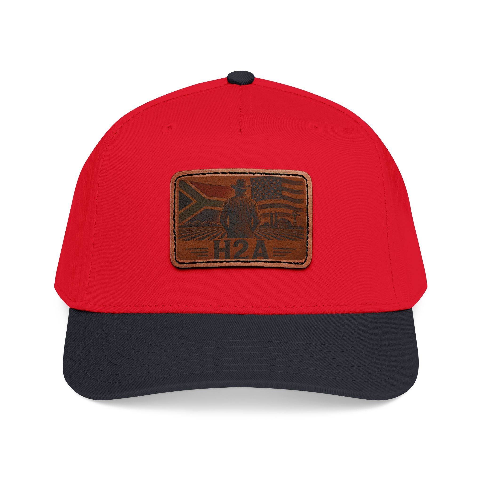 Red and dark navy two-tone baseball cap with rectangular H2A flag silhouette patch