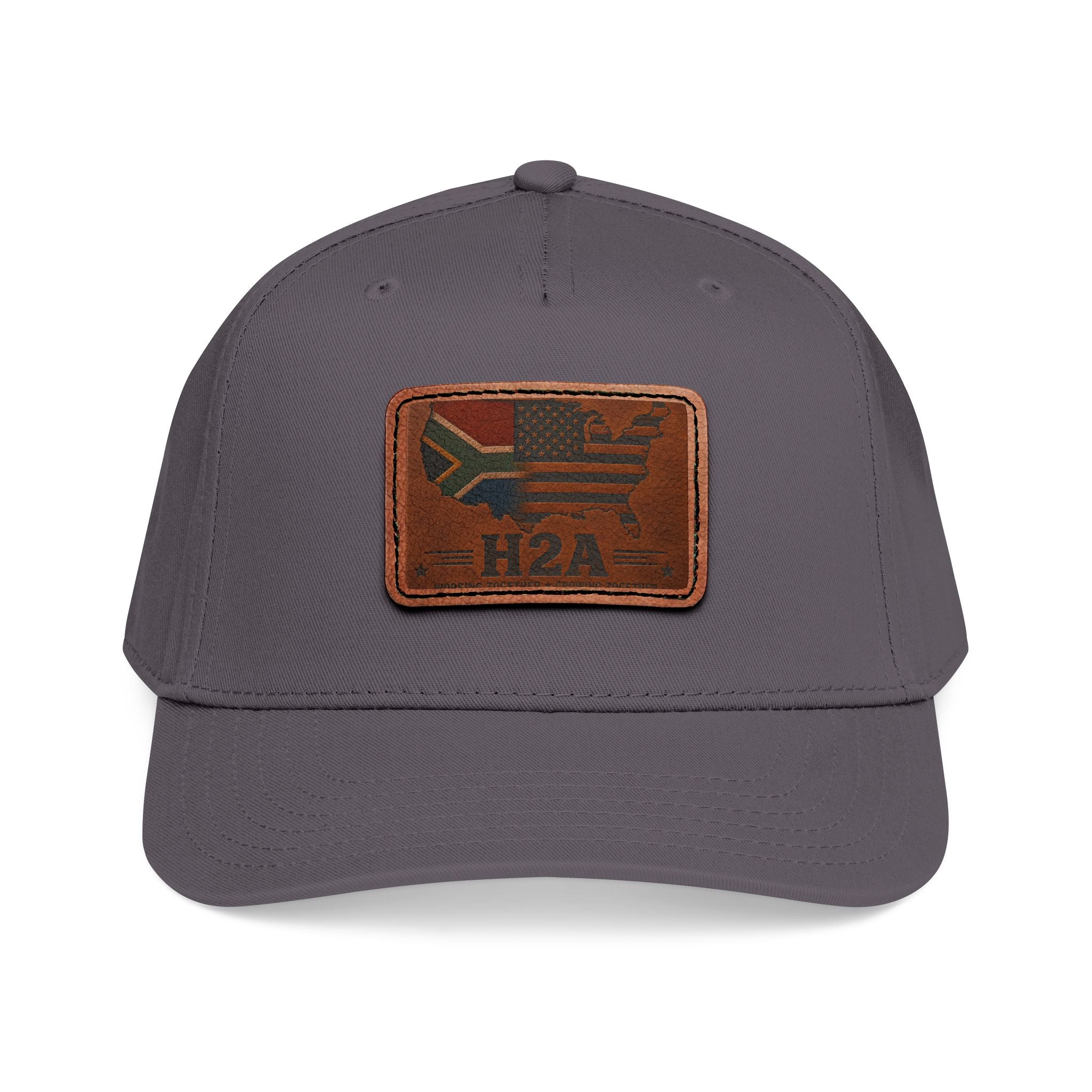 Dark gray baseball cap with rectangular H2A flag leather patch