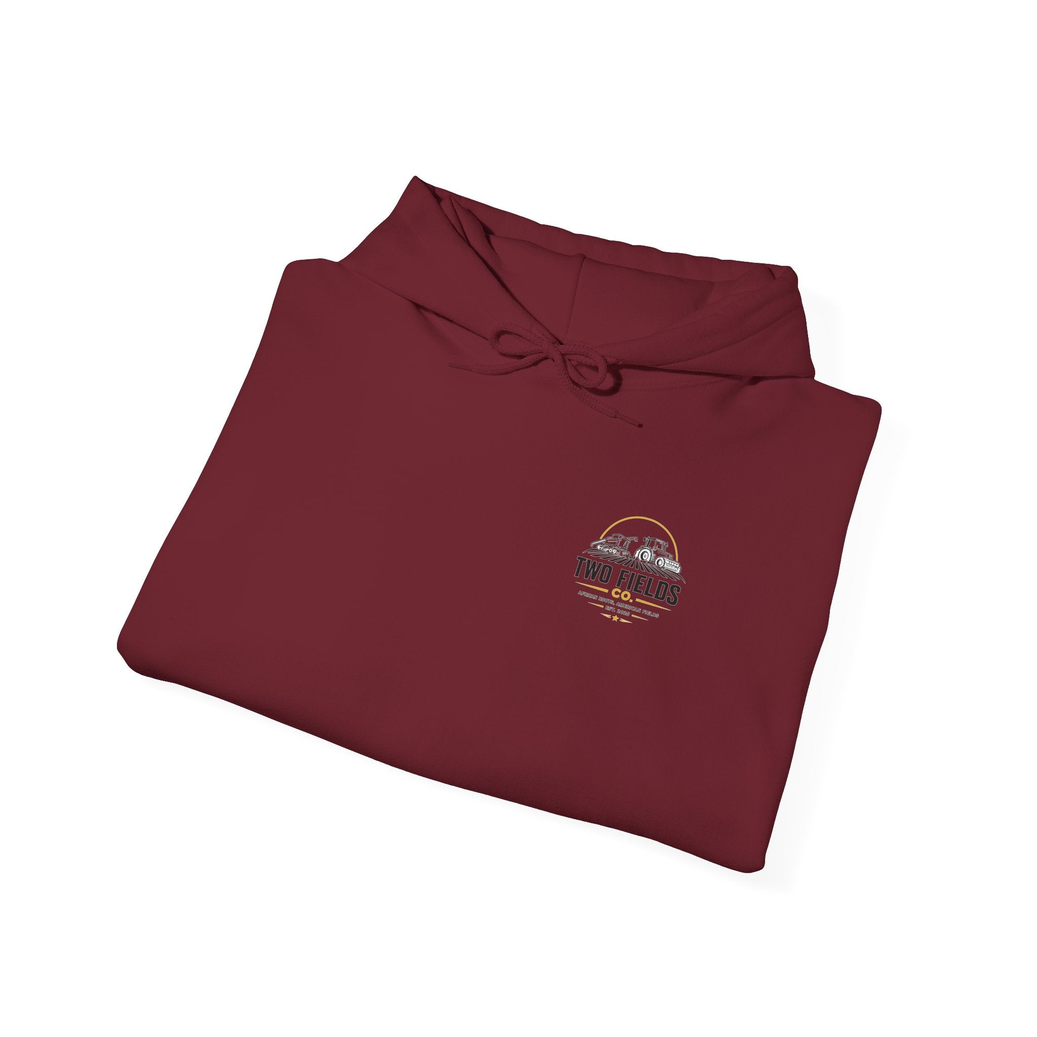 Two Fields burgundy pullover hoodie with small chest tractor logo and hood