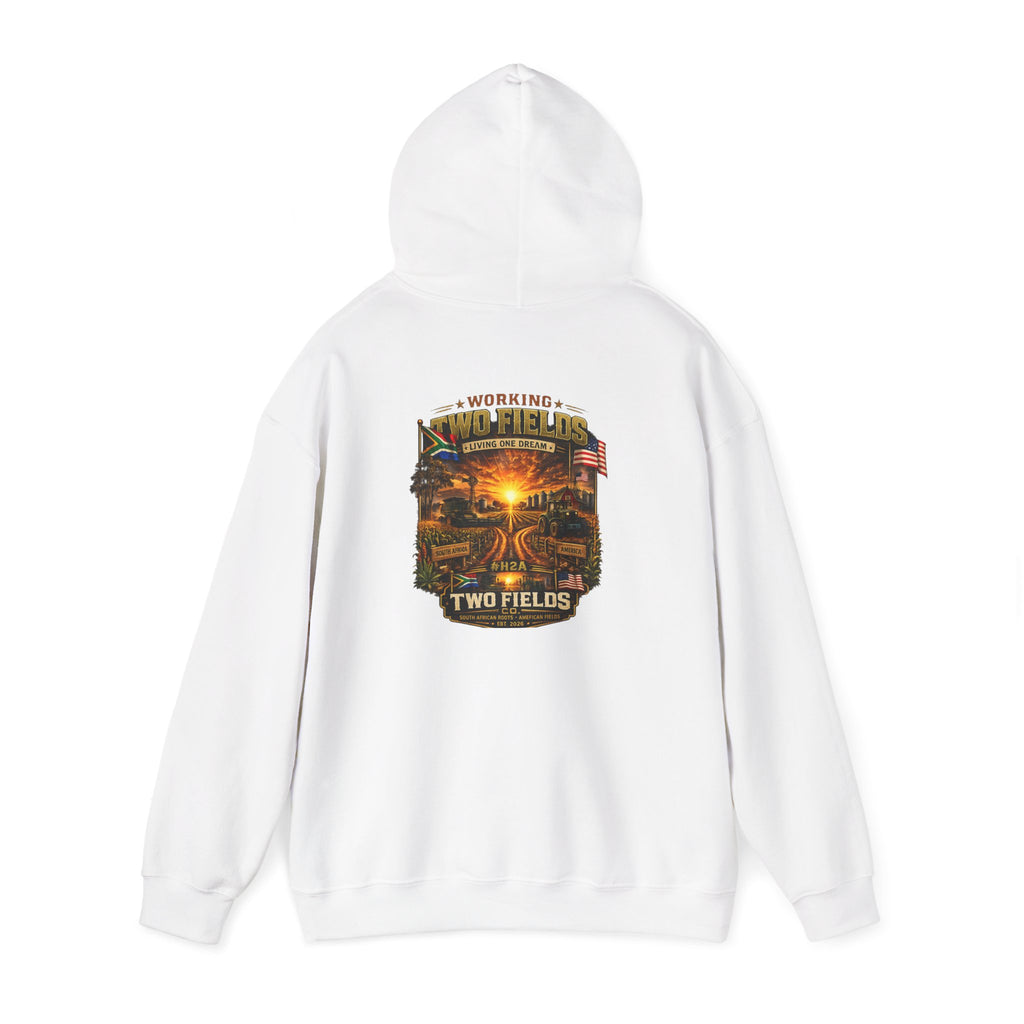 White pullover hoodie with back chest sunset farm graphic