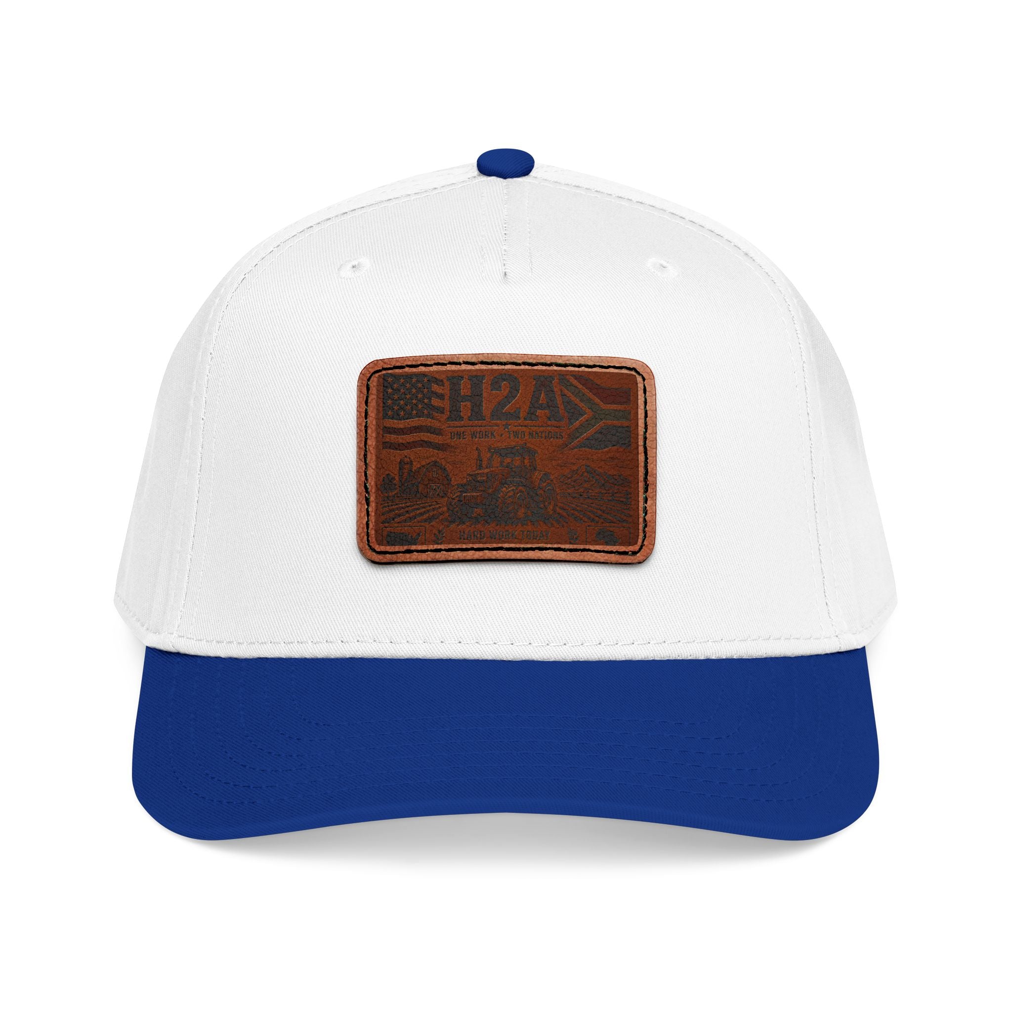 Leather patch baseball cap in white with blue brim and rectangular H2A truck patch