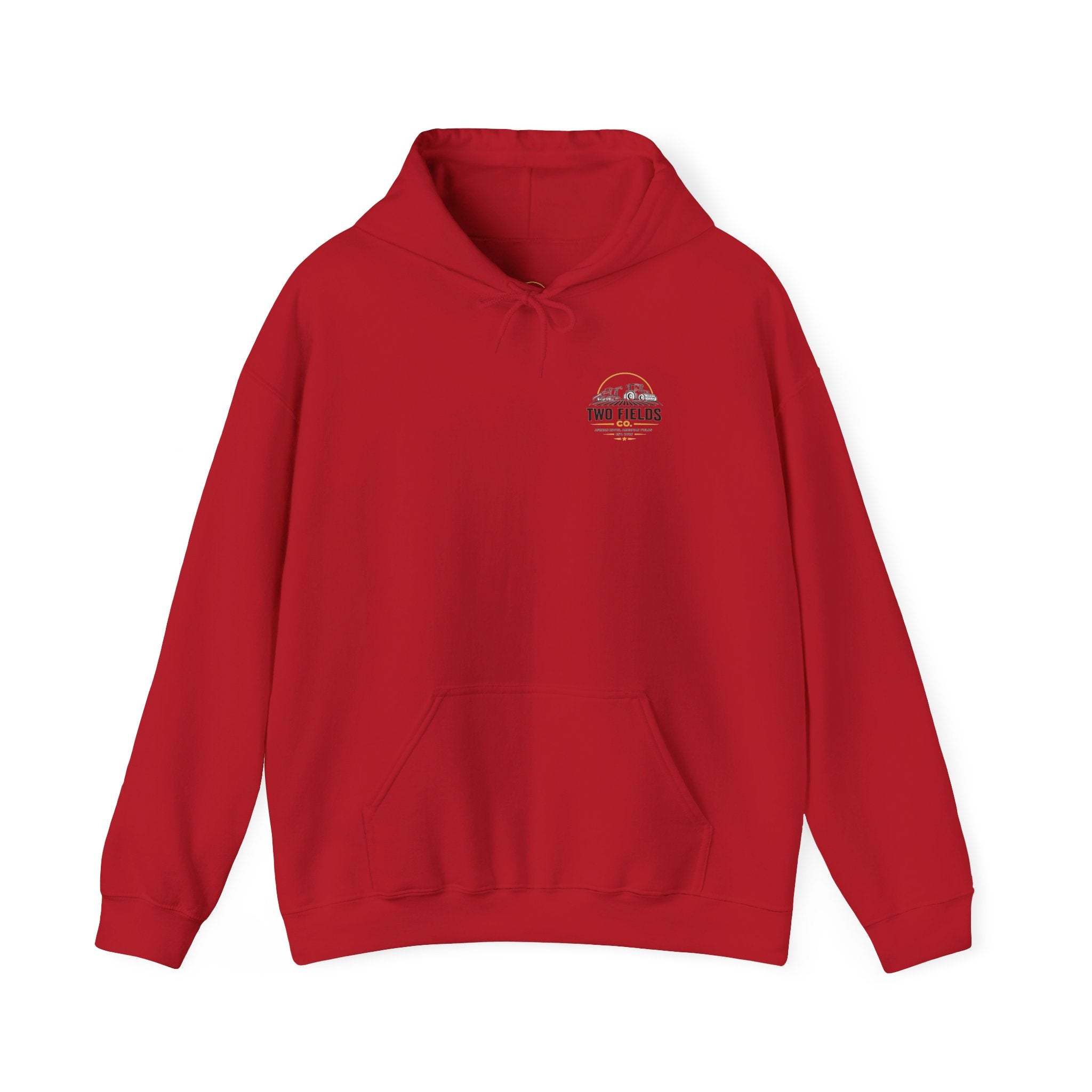 Red pullover hoodie with kangaroo pocket, hood drawstring, and chest logo