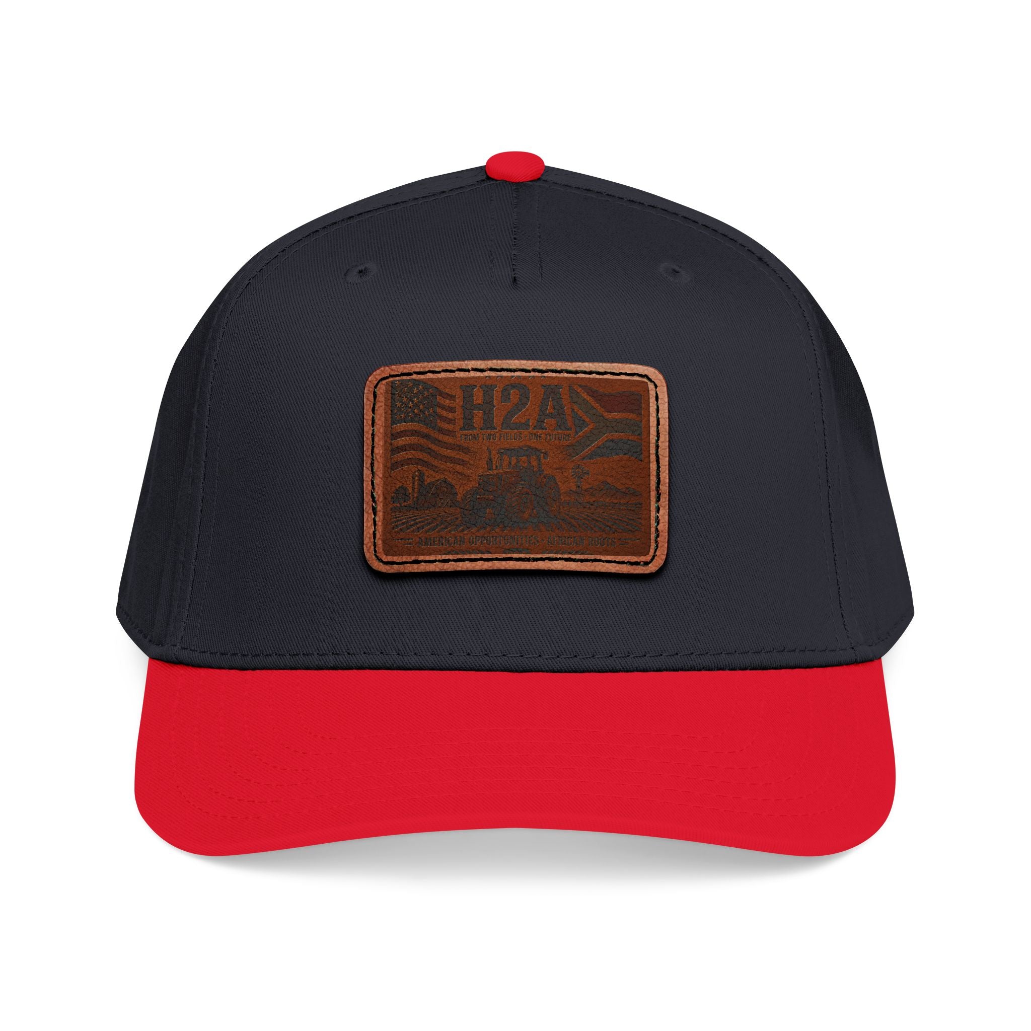 Dark navy and red two-tone baseball cap with light brown rectangular patch logo