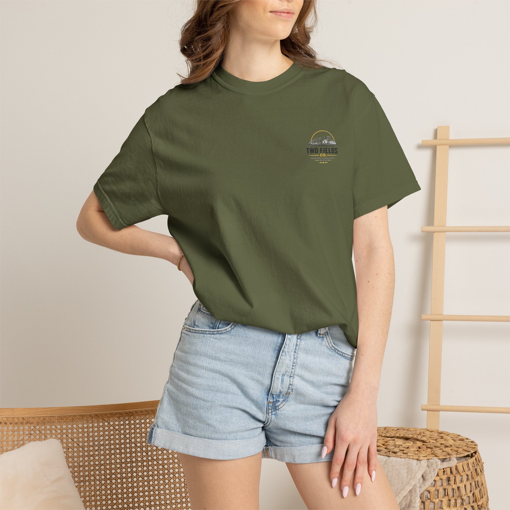 Olive green T-shirt with small Two Fields Co chest logo, crew neck fit