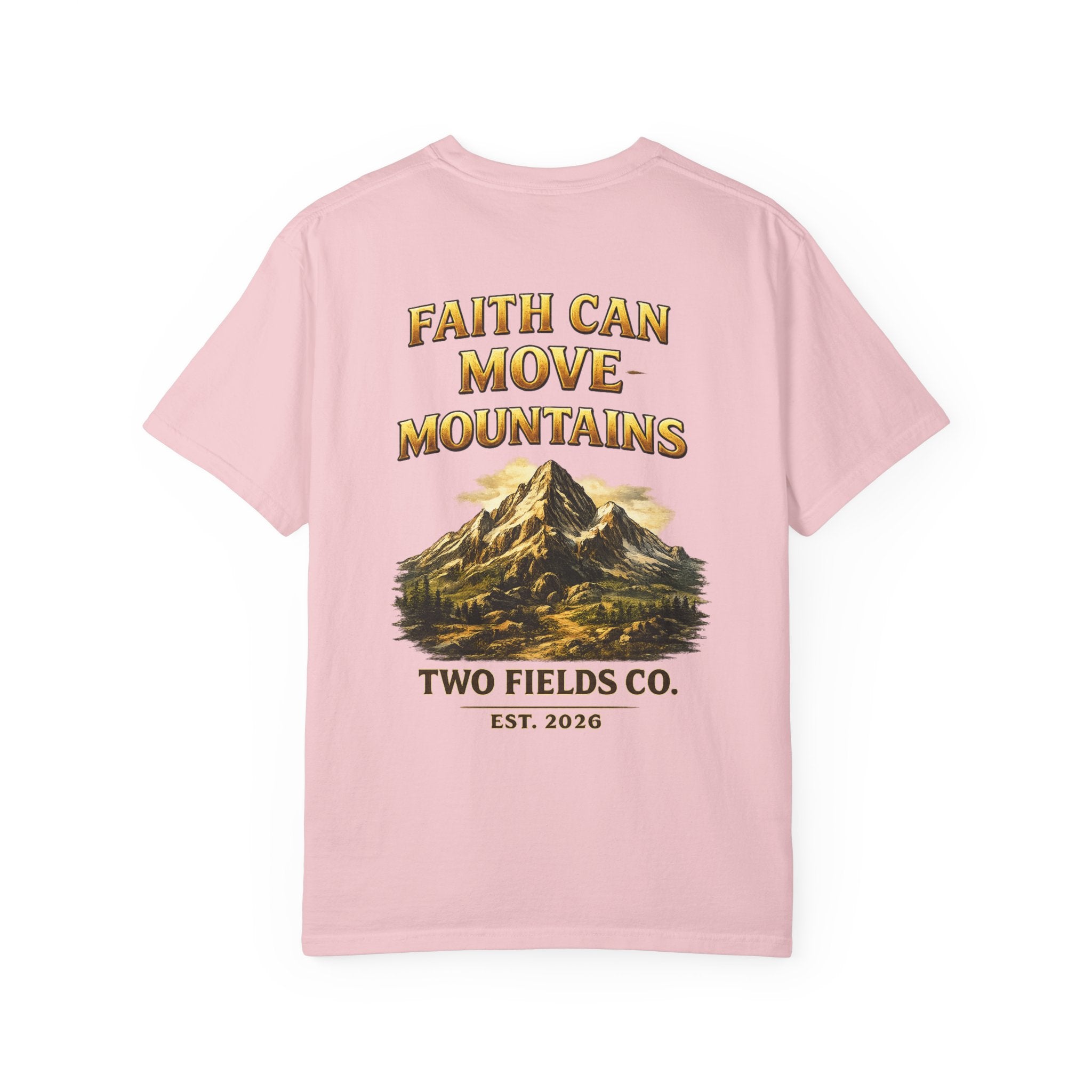 Pink T-shirt with Faith Can Move Mountains mountain graphic on the back