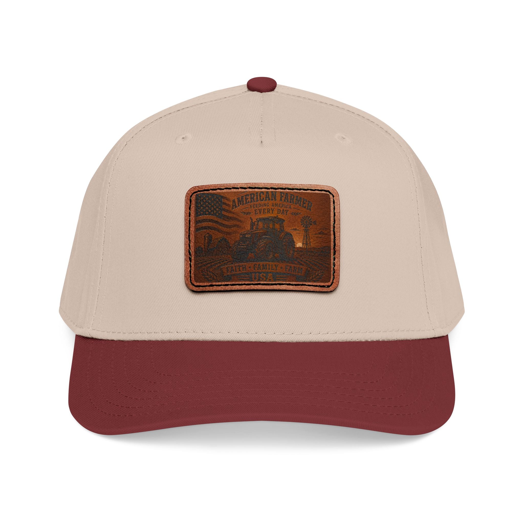 Two-tone baseball cap in light beige with maroon brim and leather patch