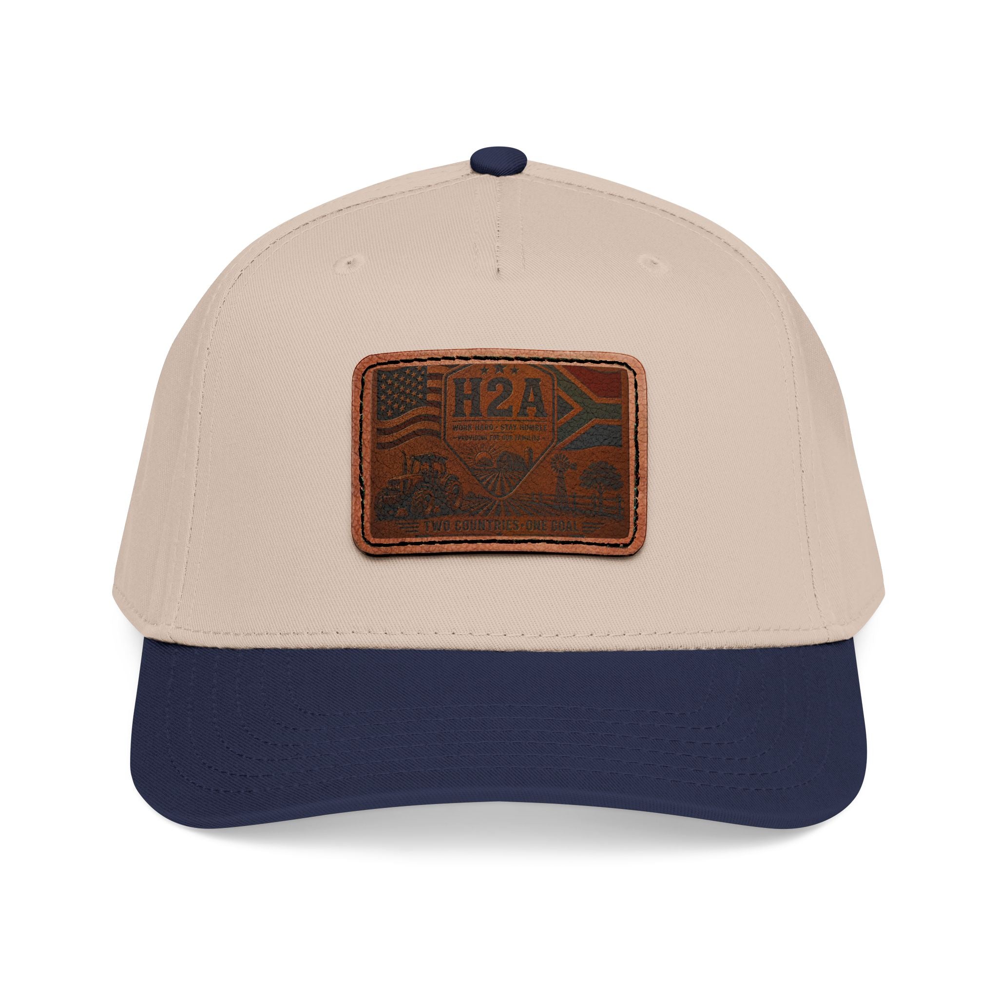 Two-tone leather patch baseball cap, beige crown and navy brim, H2A flag patch