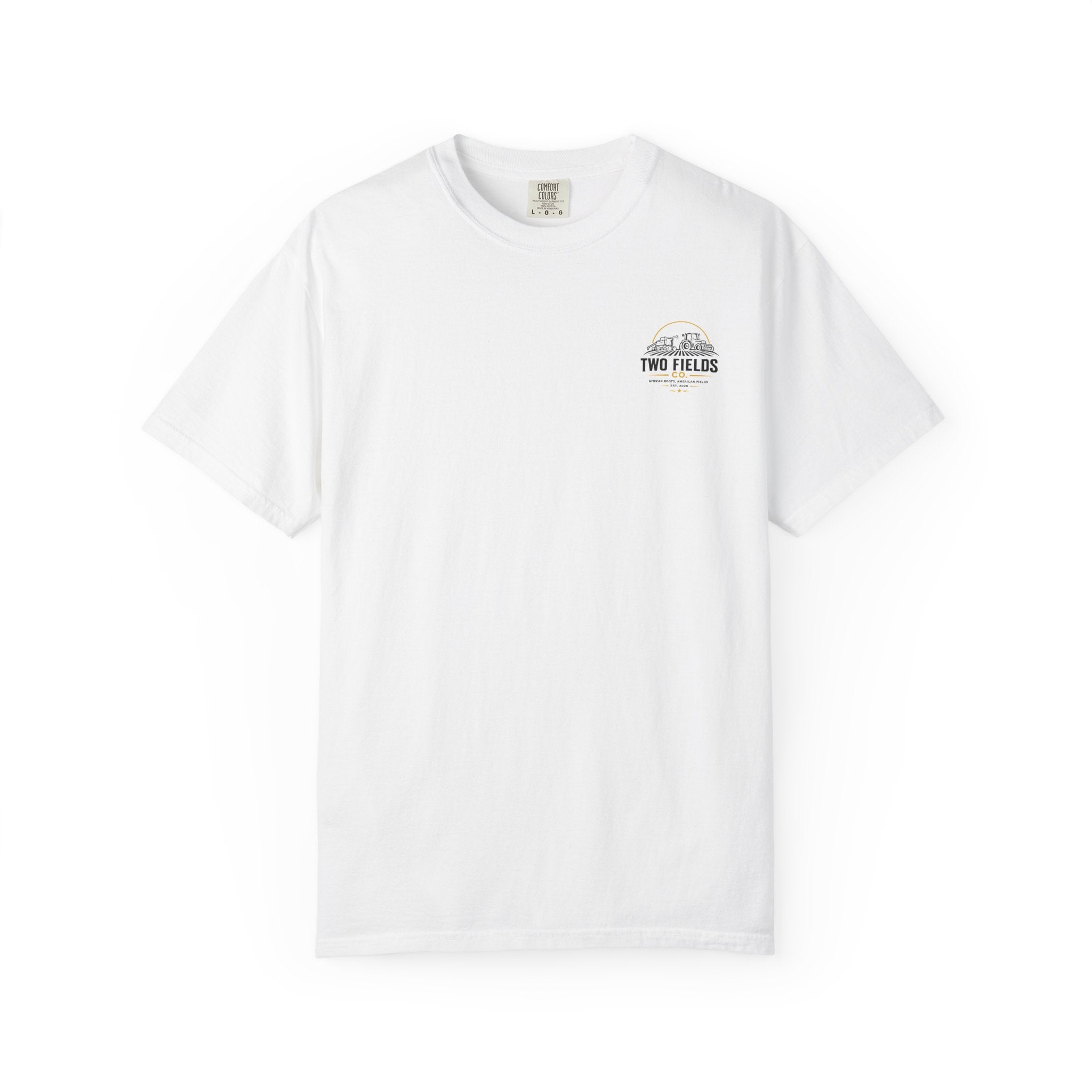 White T-shirt with small round "Two Fields" logo on the chest