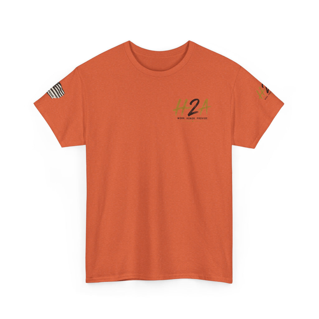 Orange H2A farming T-shirt with small H2A logo on front