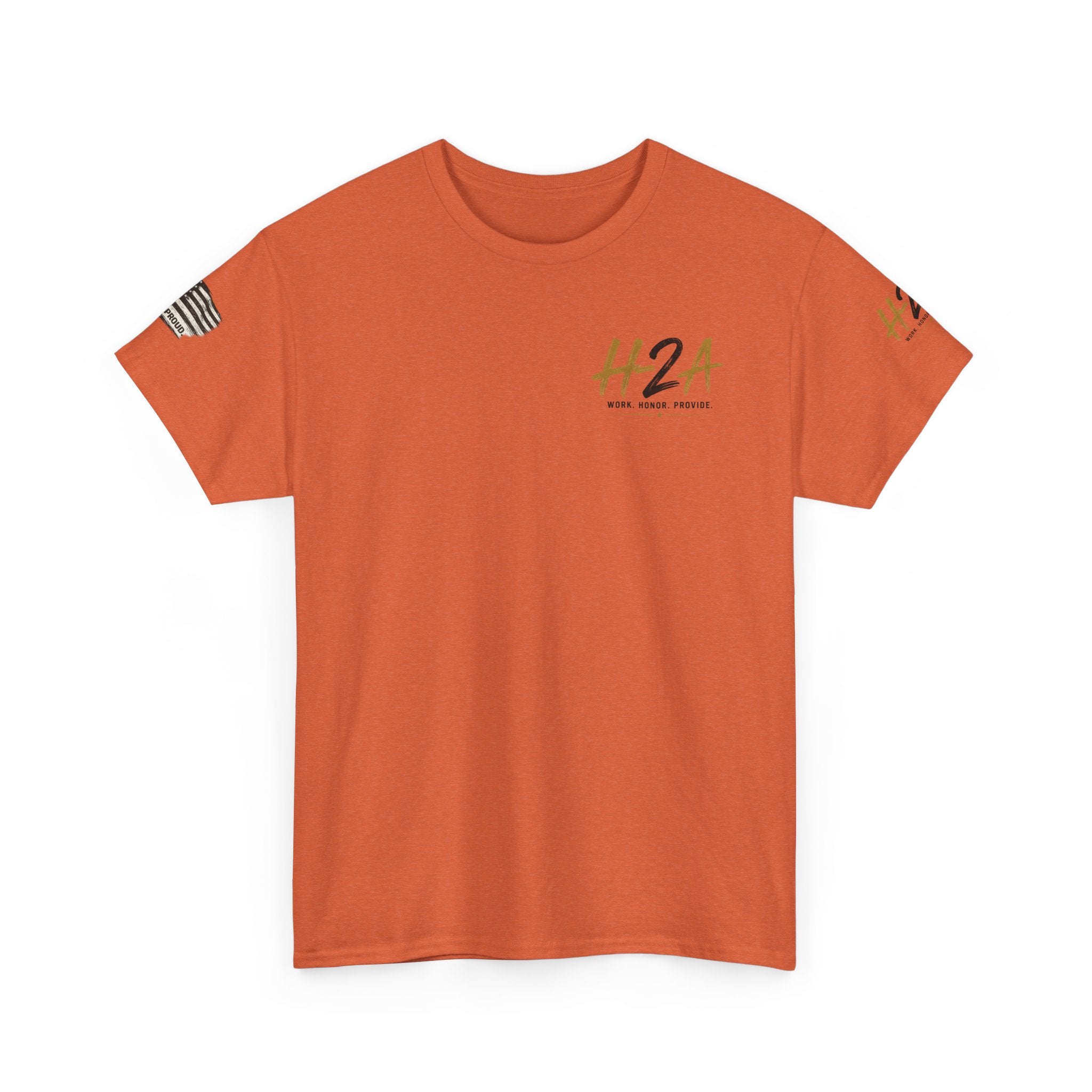 Orange H2A farming T-shirt with small H2A logo on front