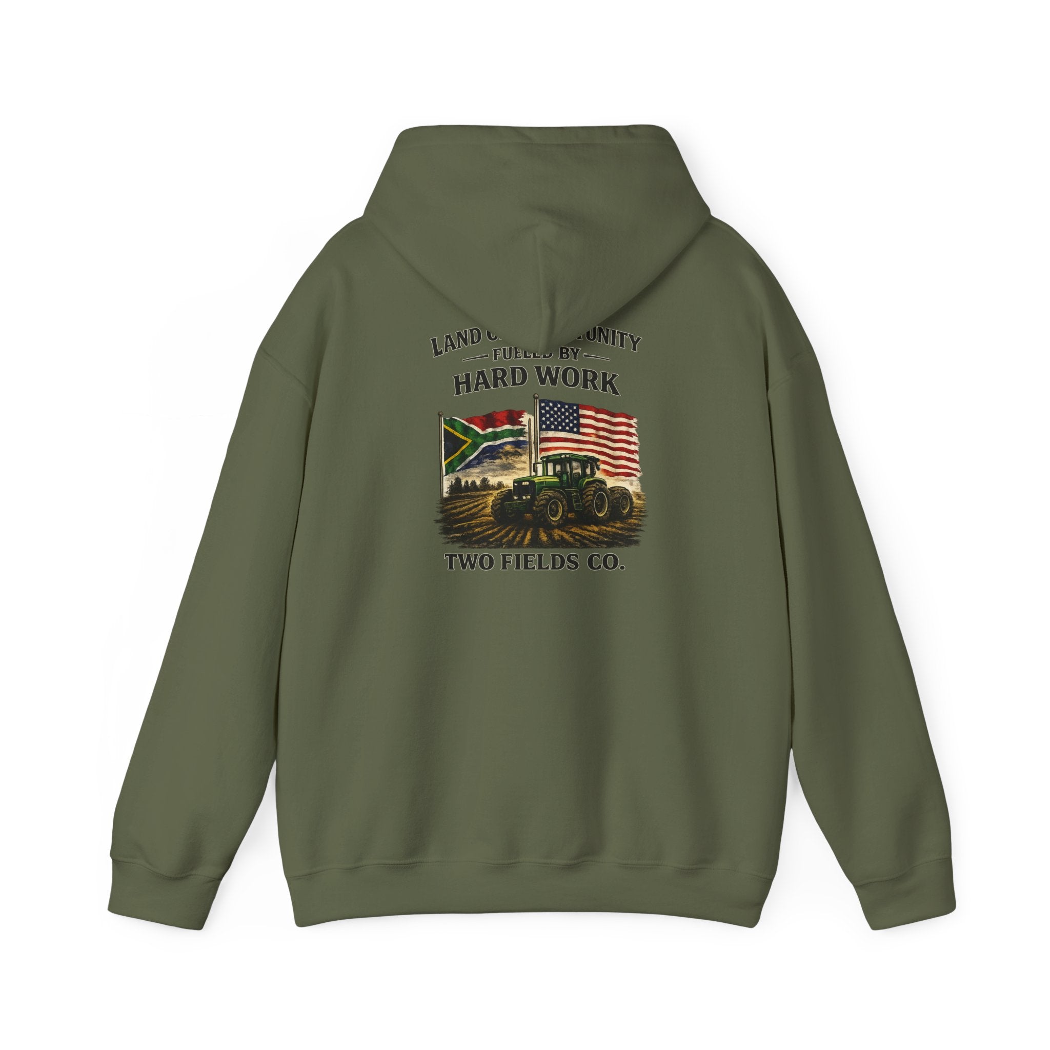 Olive pullover hoodie with back print graphic and hood with drawstring