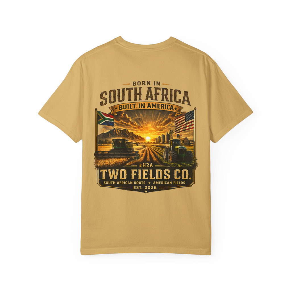 Mustard T-shirt with large front South Africa themed graphic print