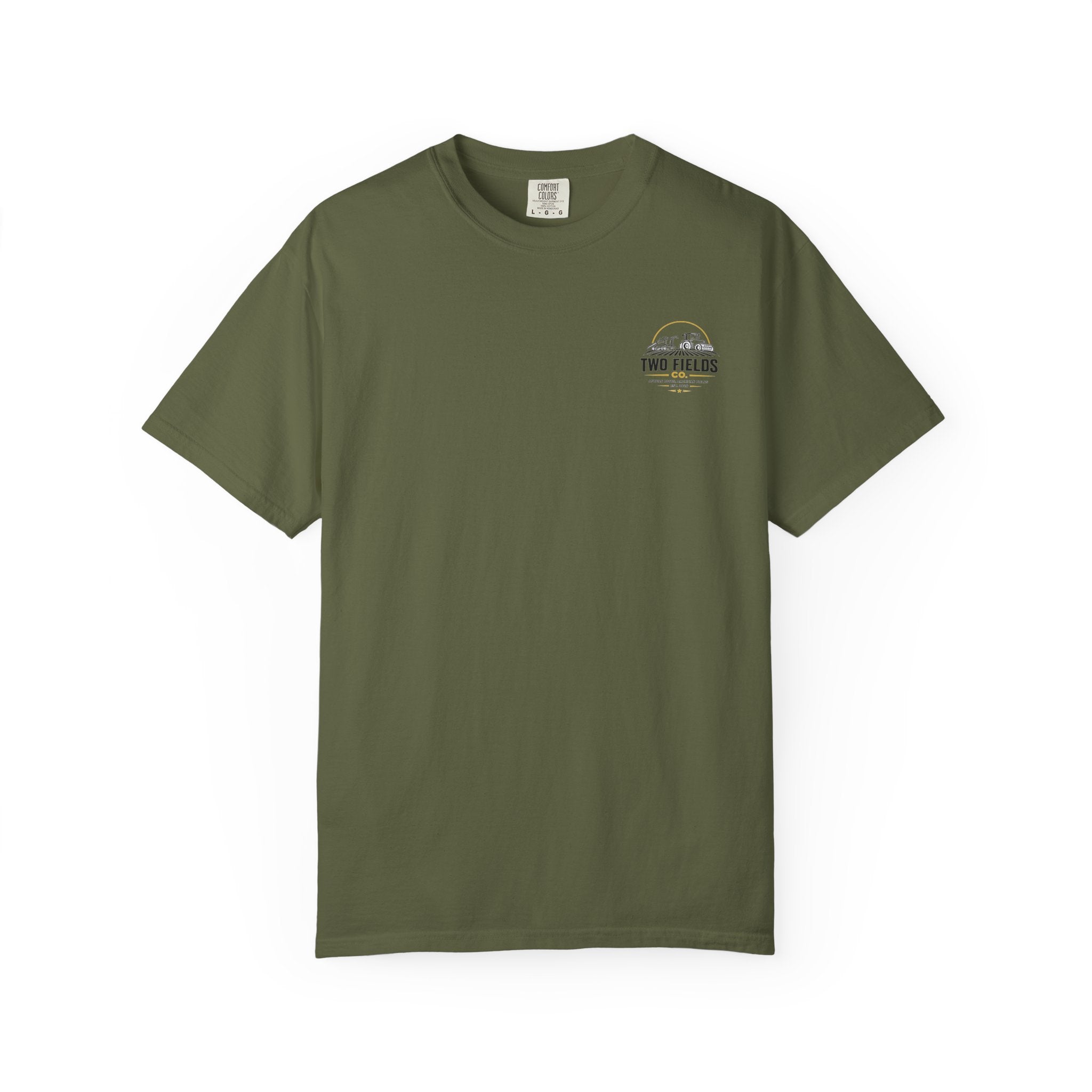 Olive green graphic t-shirt with small chest logo patch at upper right, crew neck