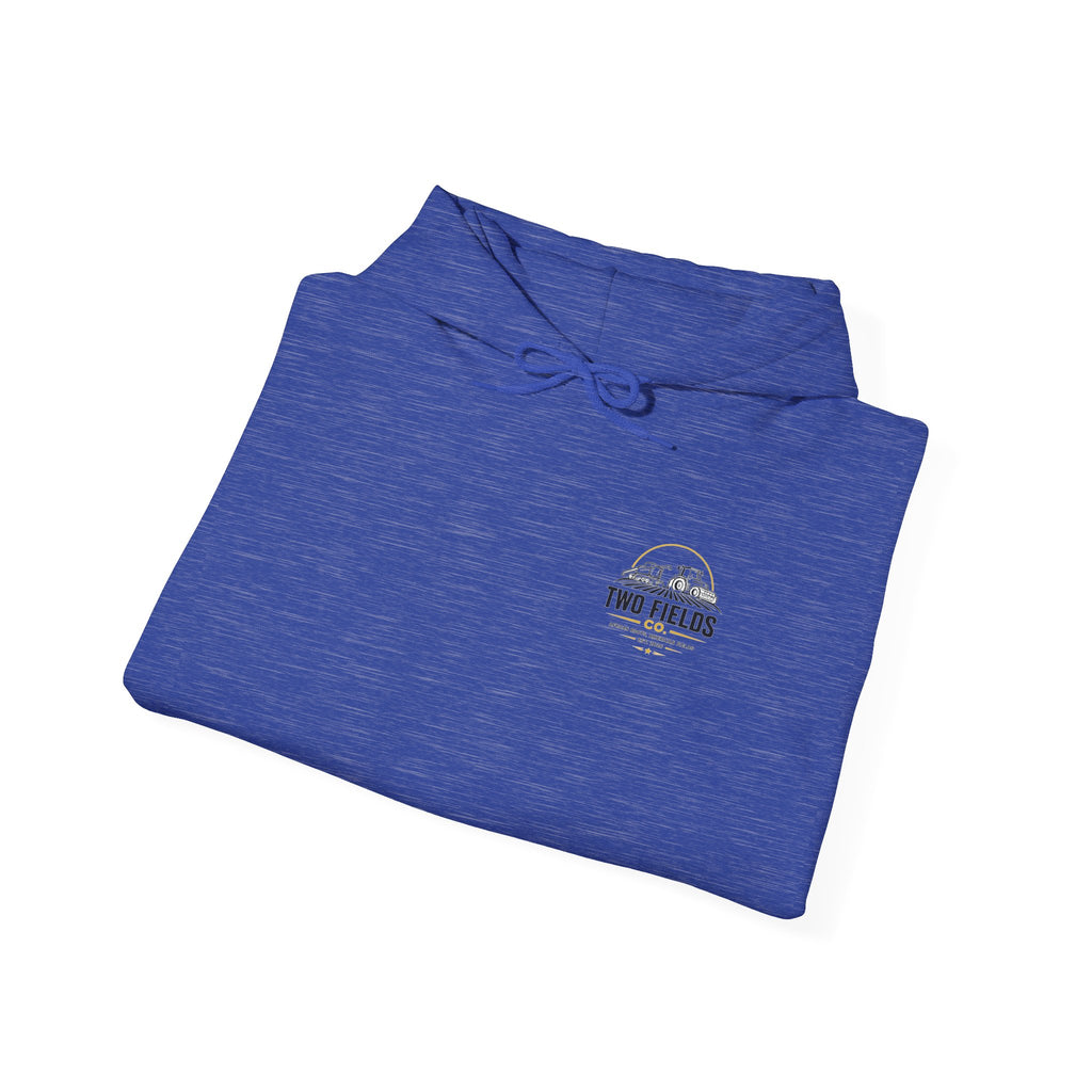 Royal blue heather hoodie, folded view, small chest logo and hood drawstring