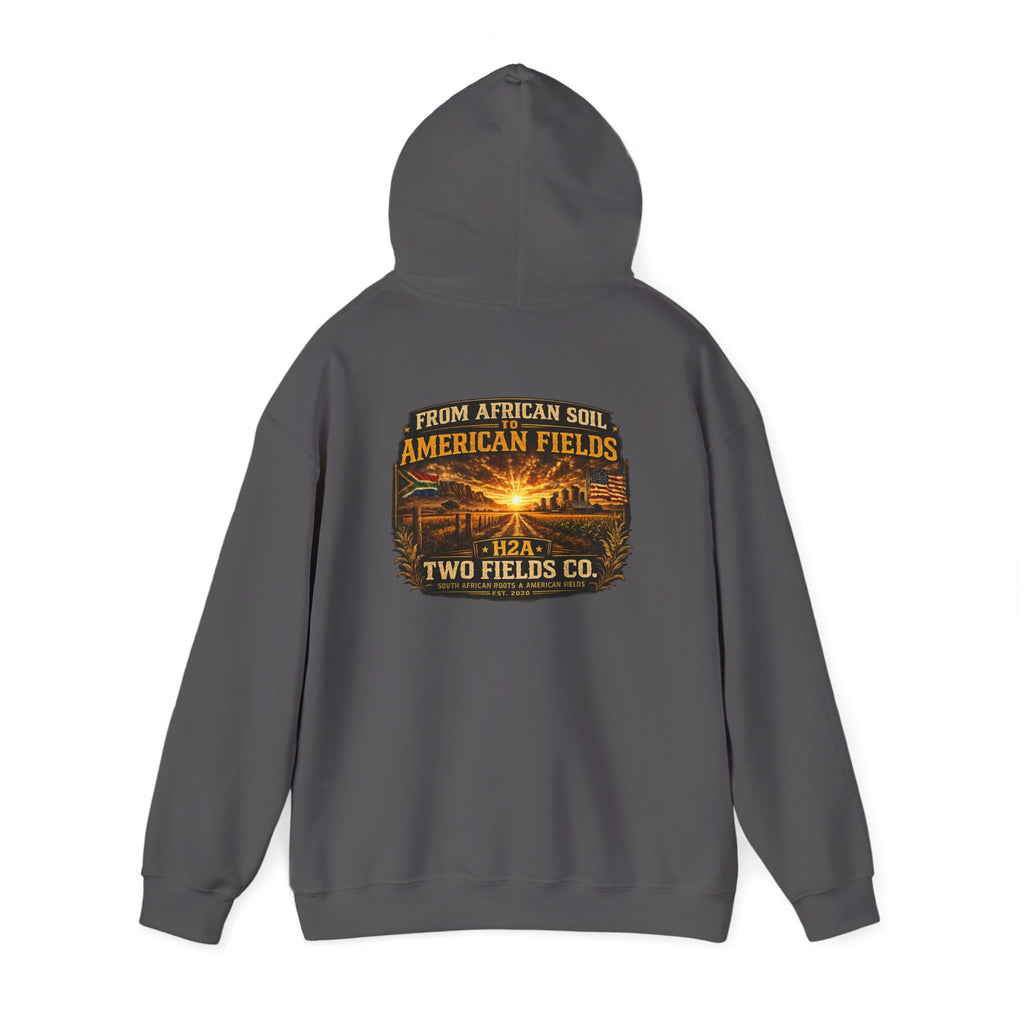 Charcoal pullover hoodie with hood and vintage logo graphic on back