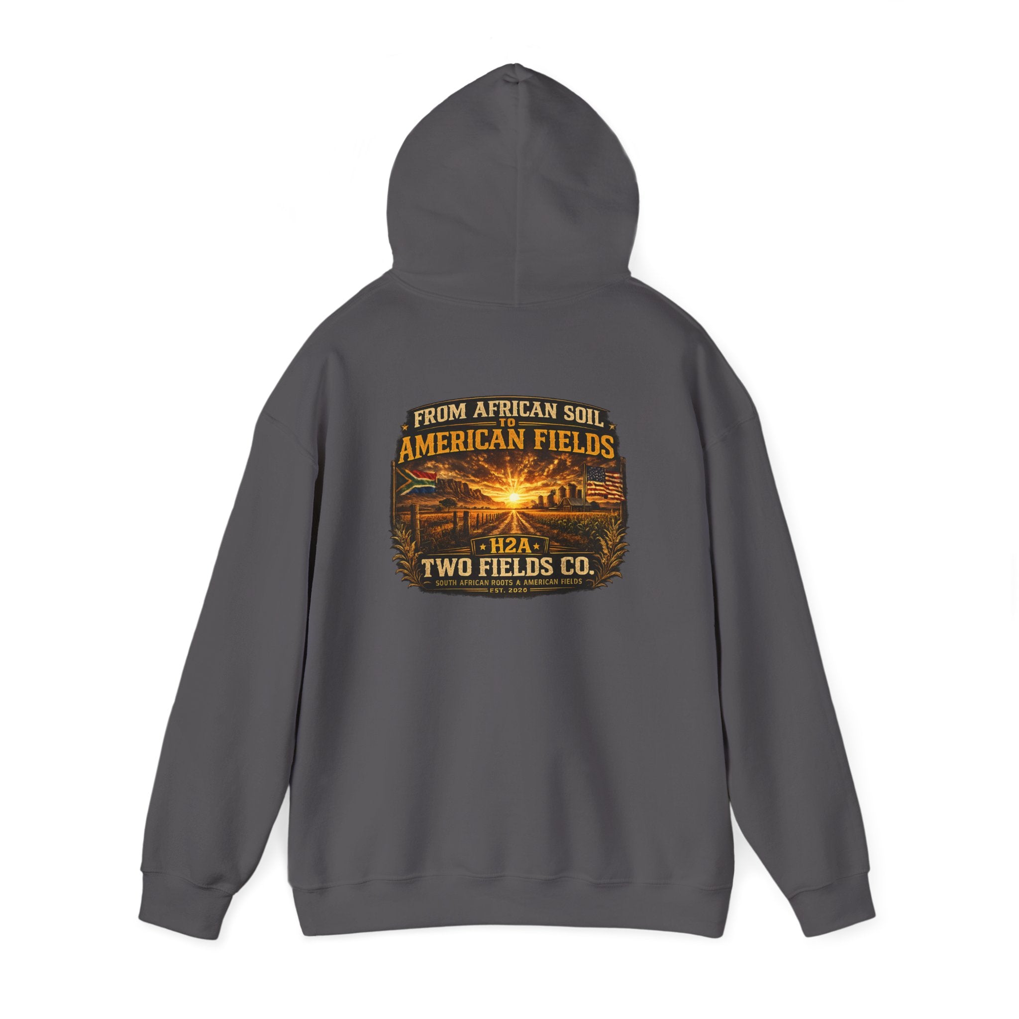 Charcoal pullover hoodie with hood and vintage logo graphic on back