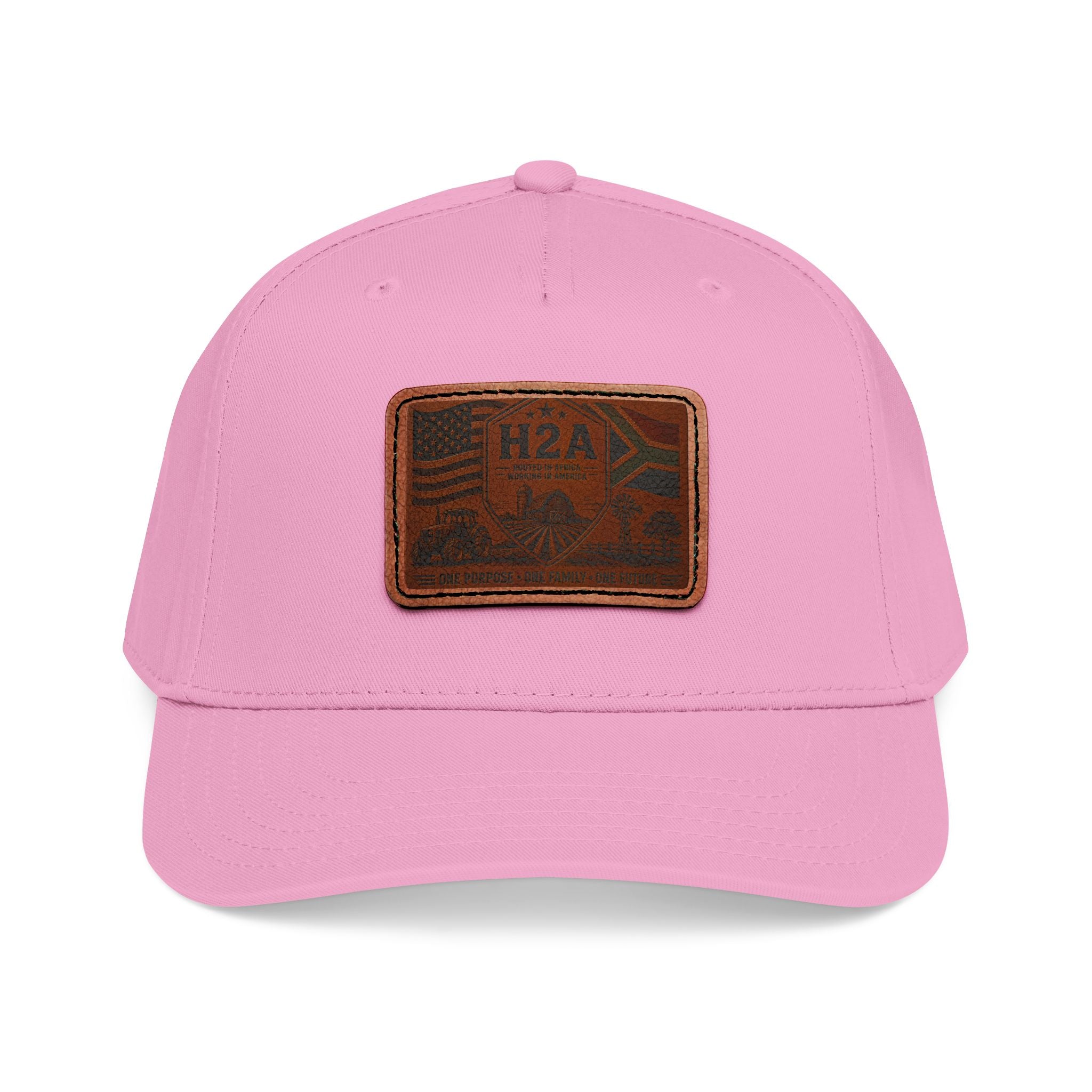 Pink baseball cap with rectangular H2A flag leather patch