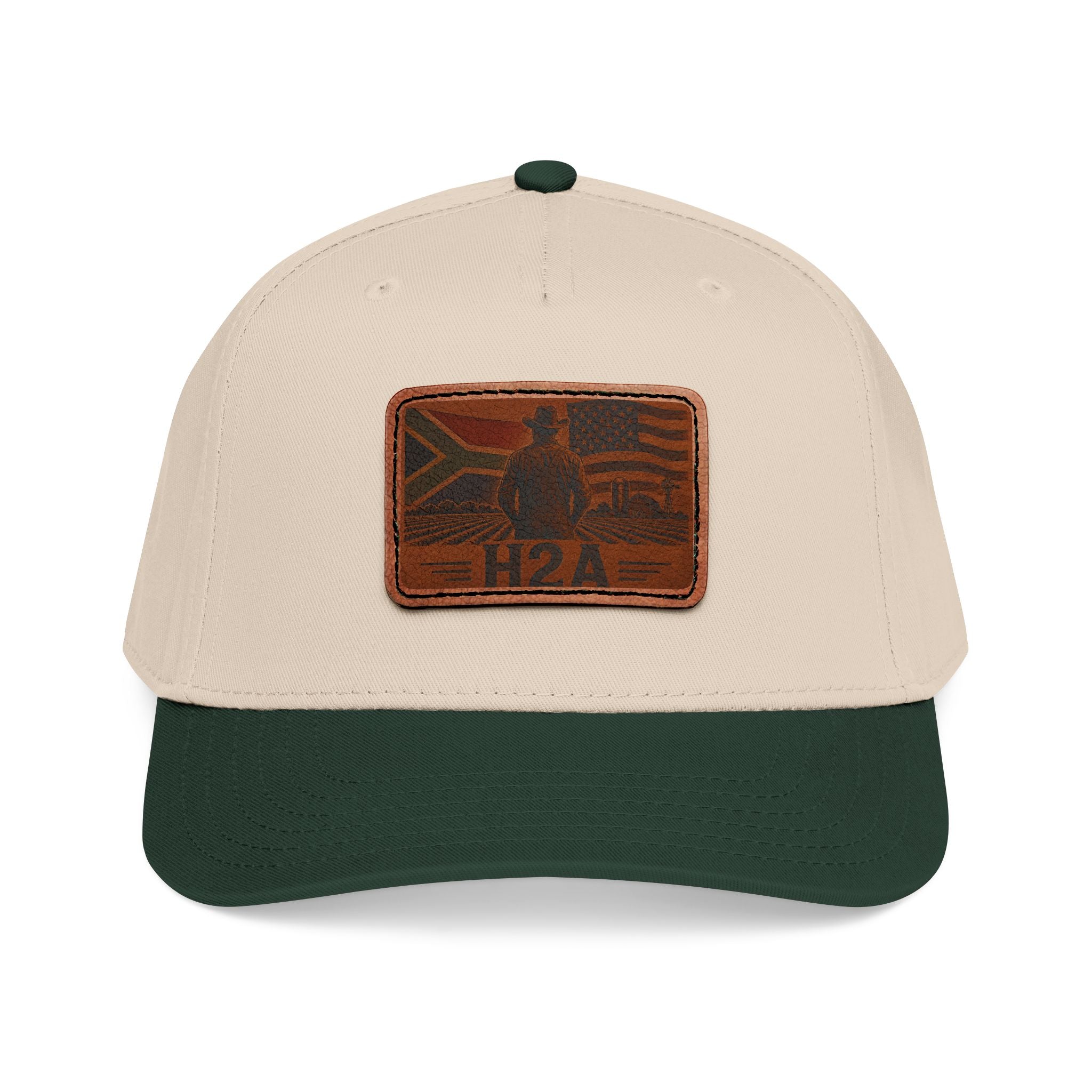 Leather patch baseball cap in cream with dark green brim and rectangular H2A logo patch