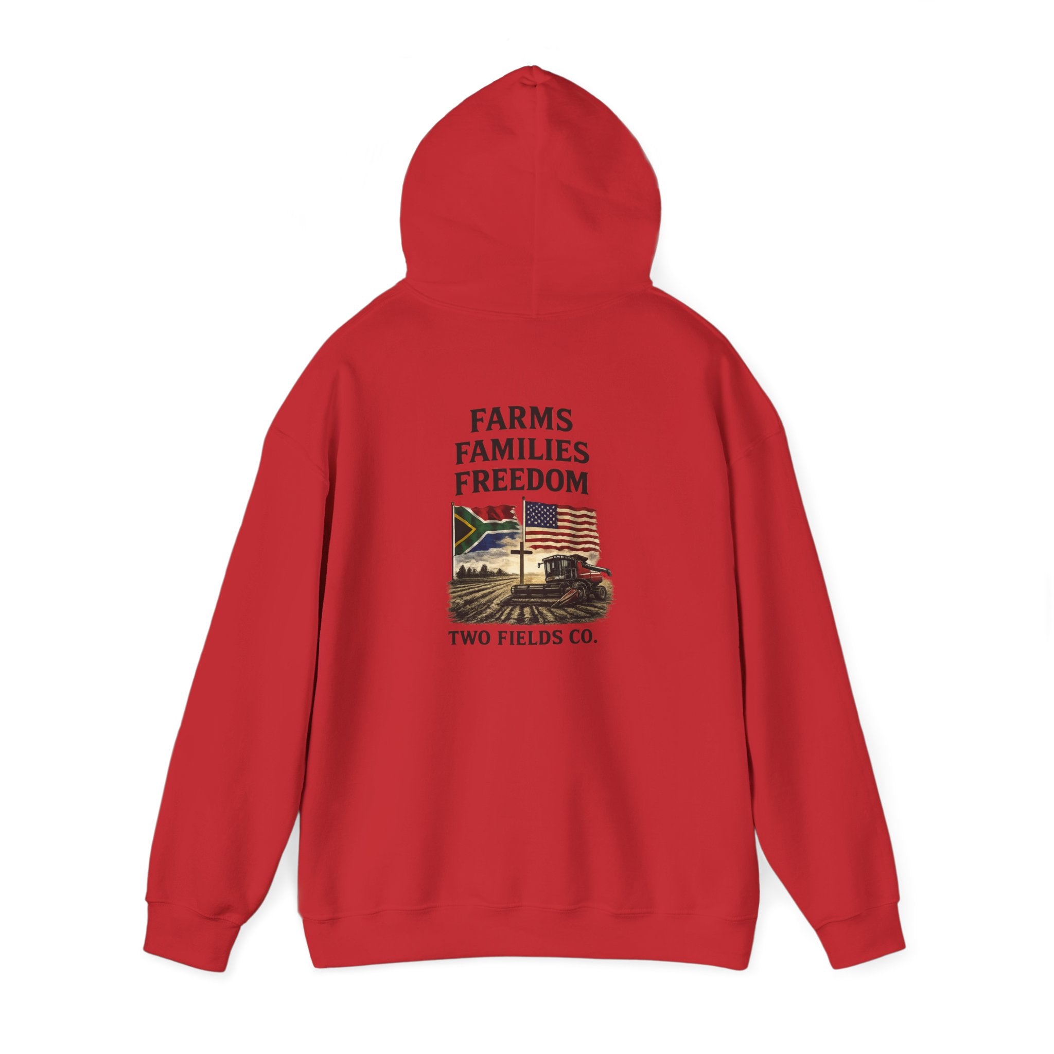 Red pullover hoodie with back print: FARMS FAMILIES FREEDOM and flag graphic