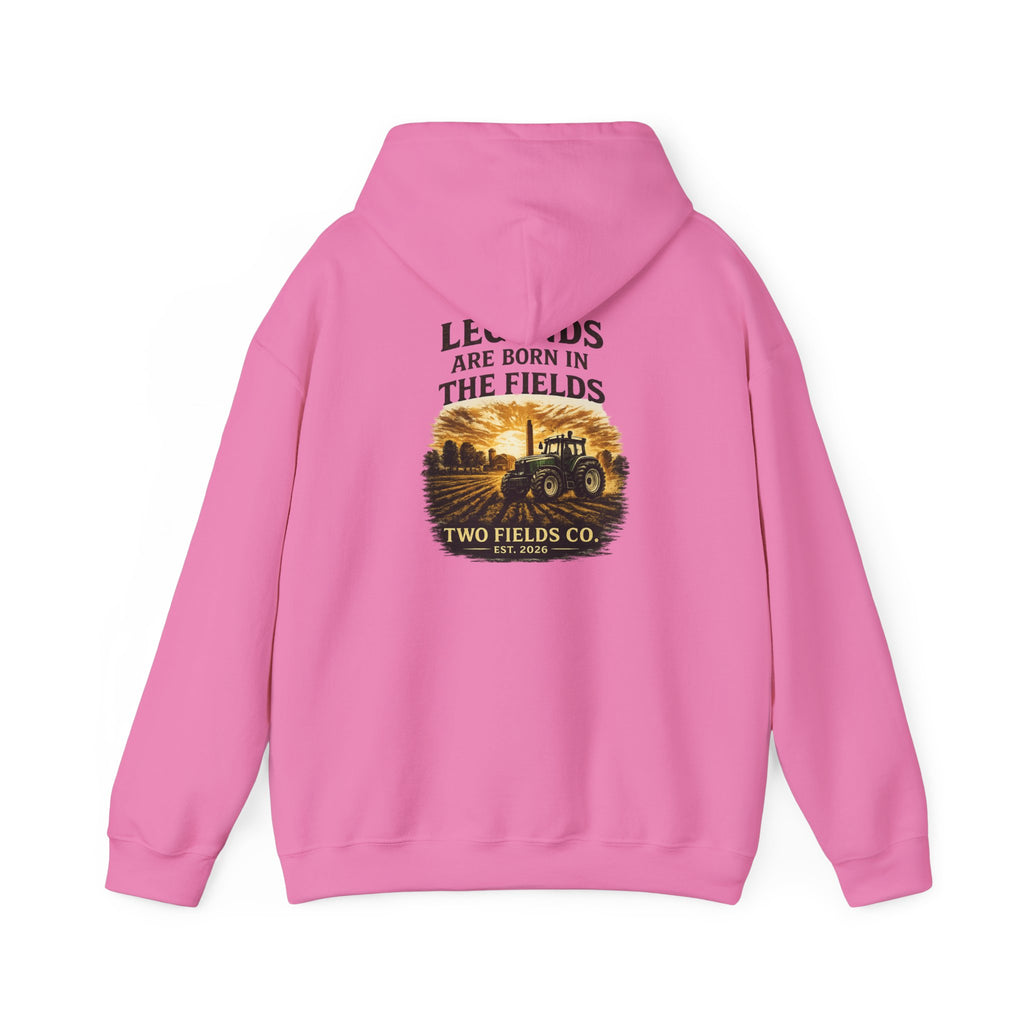 Pink tractor graphic hoodie with slogan on back, hooded pullover sweatshirt