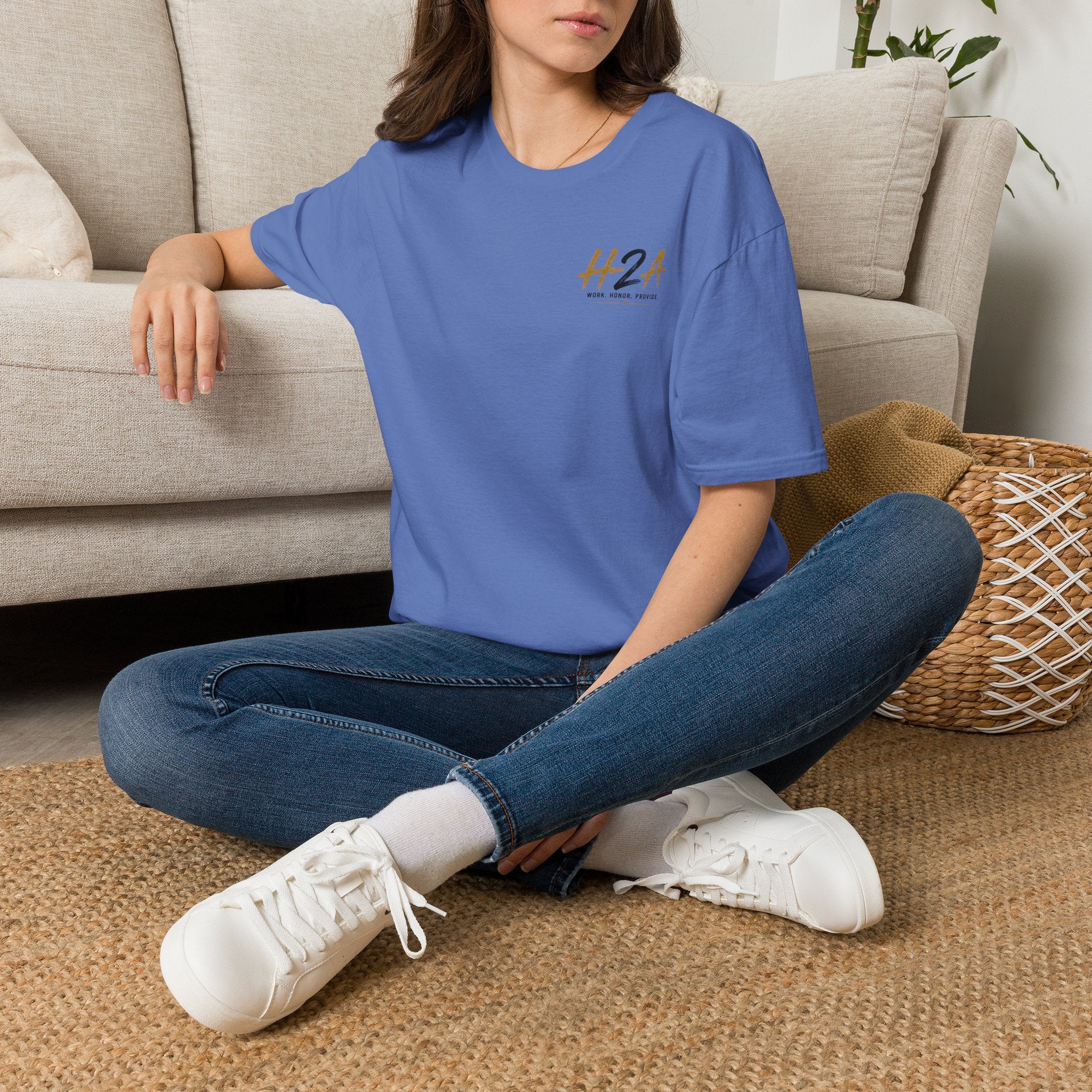 Unisex softstyle T-shirt, medium blue, small H2A logo on front chest