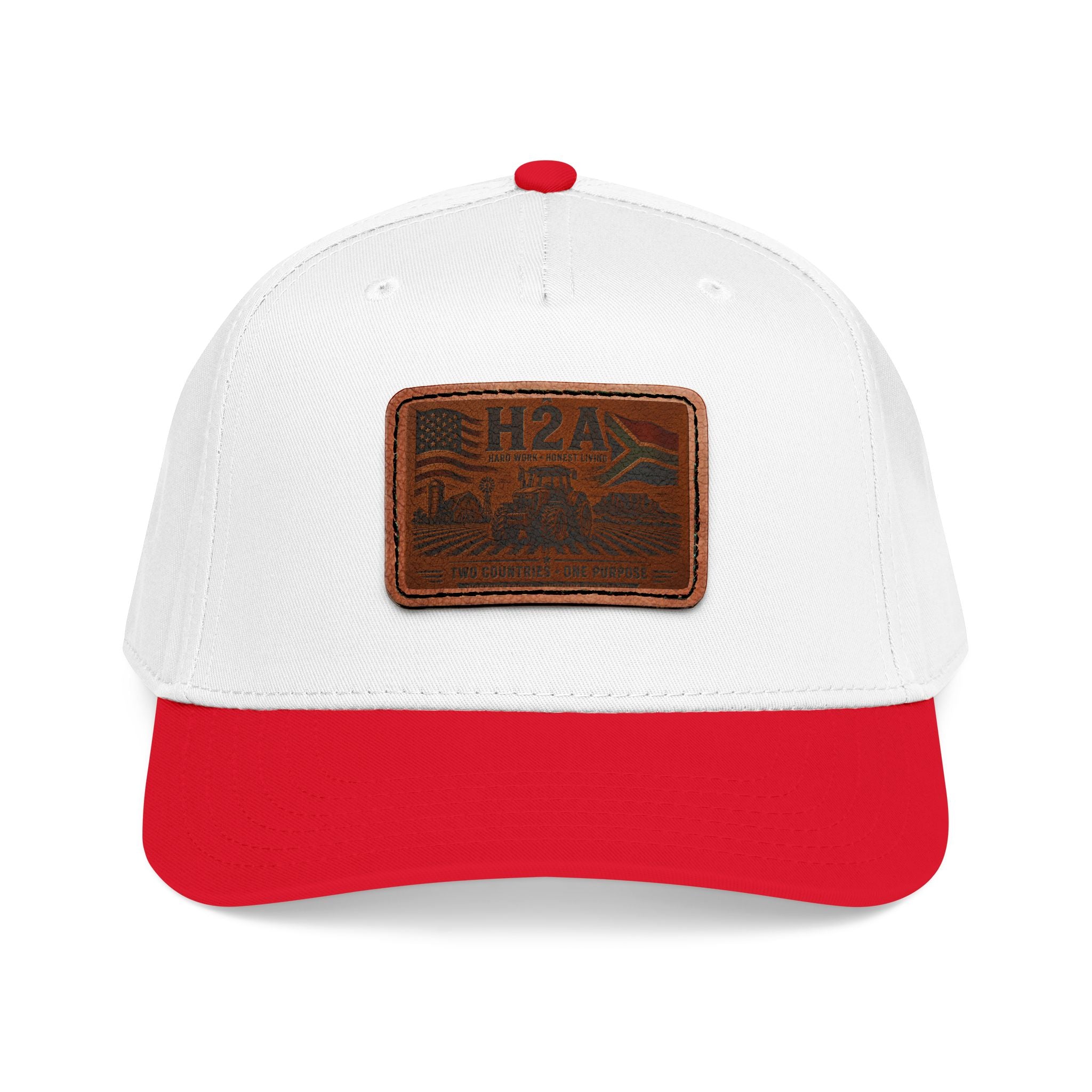 White and red two-tone baseball cap with stitched rectangular H2A patch logo