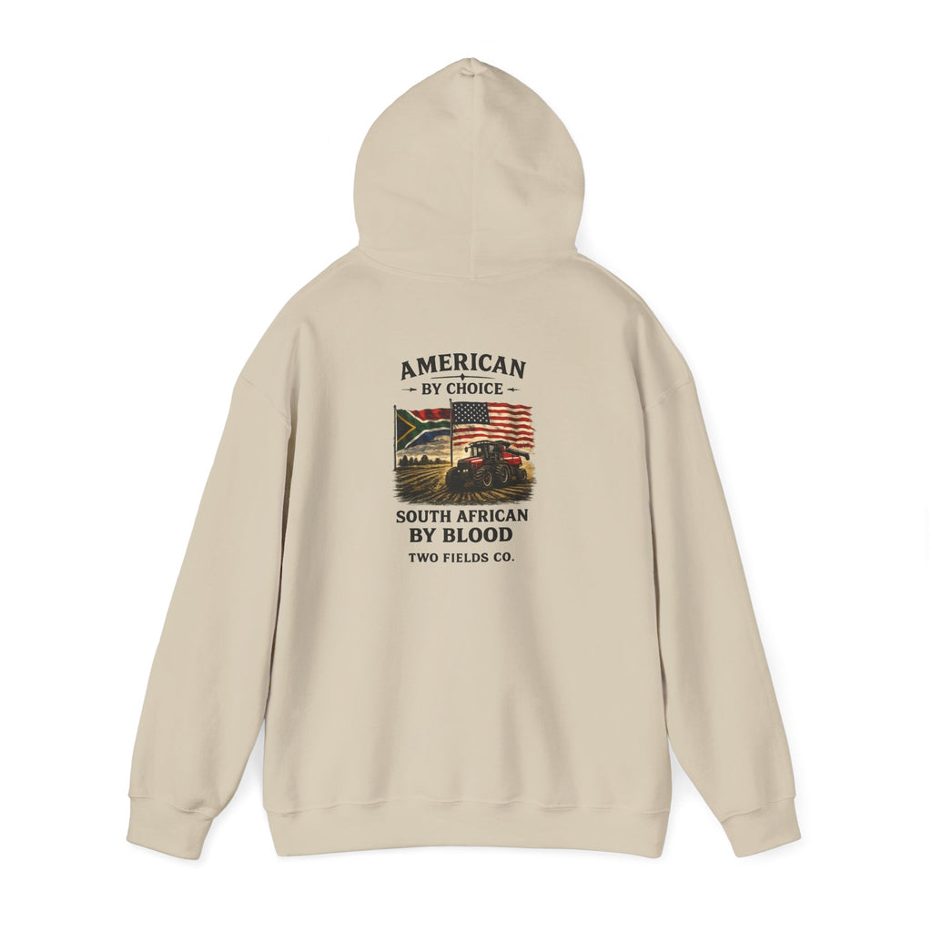 Cream pullover hoodie, back view with printed logo and slogan