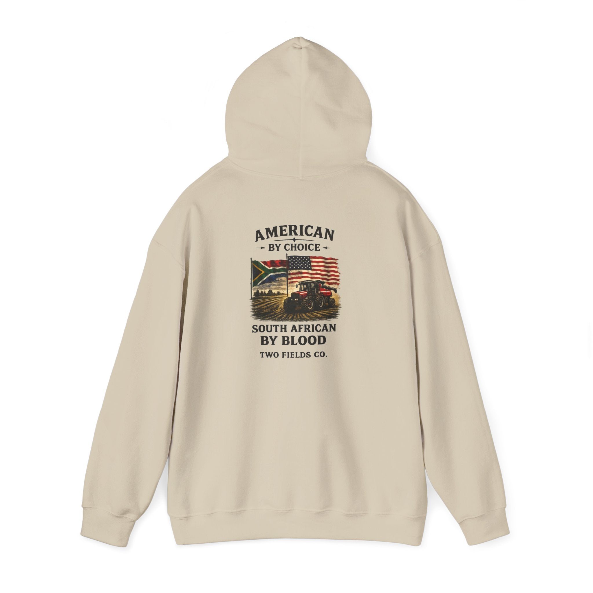 Cream pullover hoodie, back view with printed logo and slogan