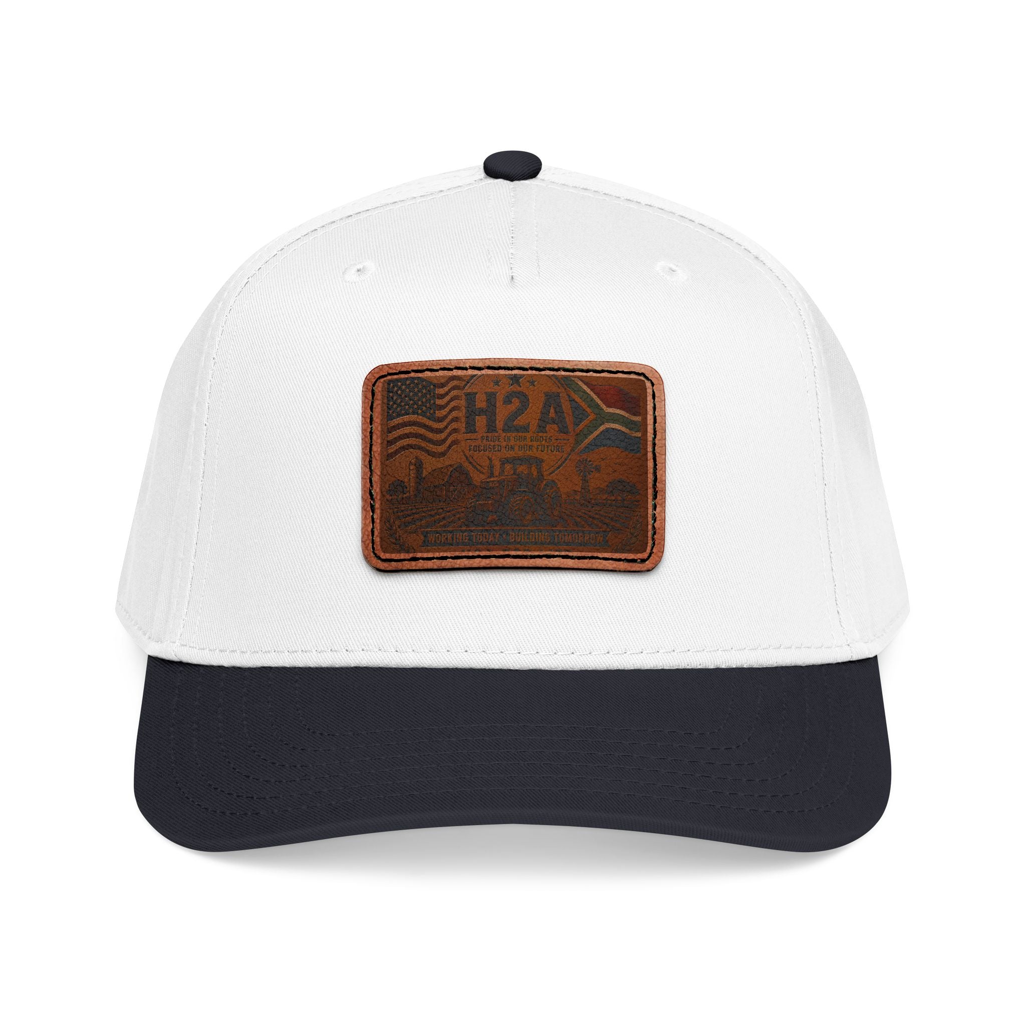 White leather patch baseball cap with H2A rectangular patch, dark navy brim