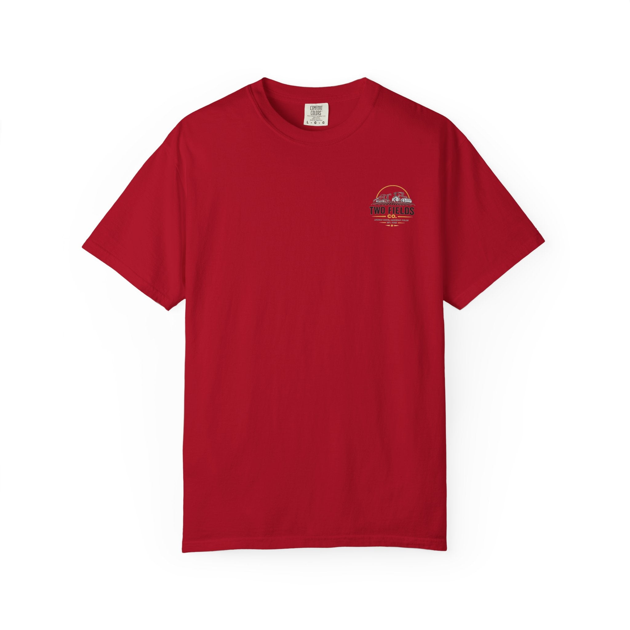 Red T-shirt with small chest logo graphic on crew neck short sleeves