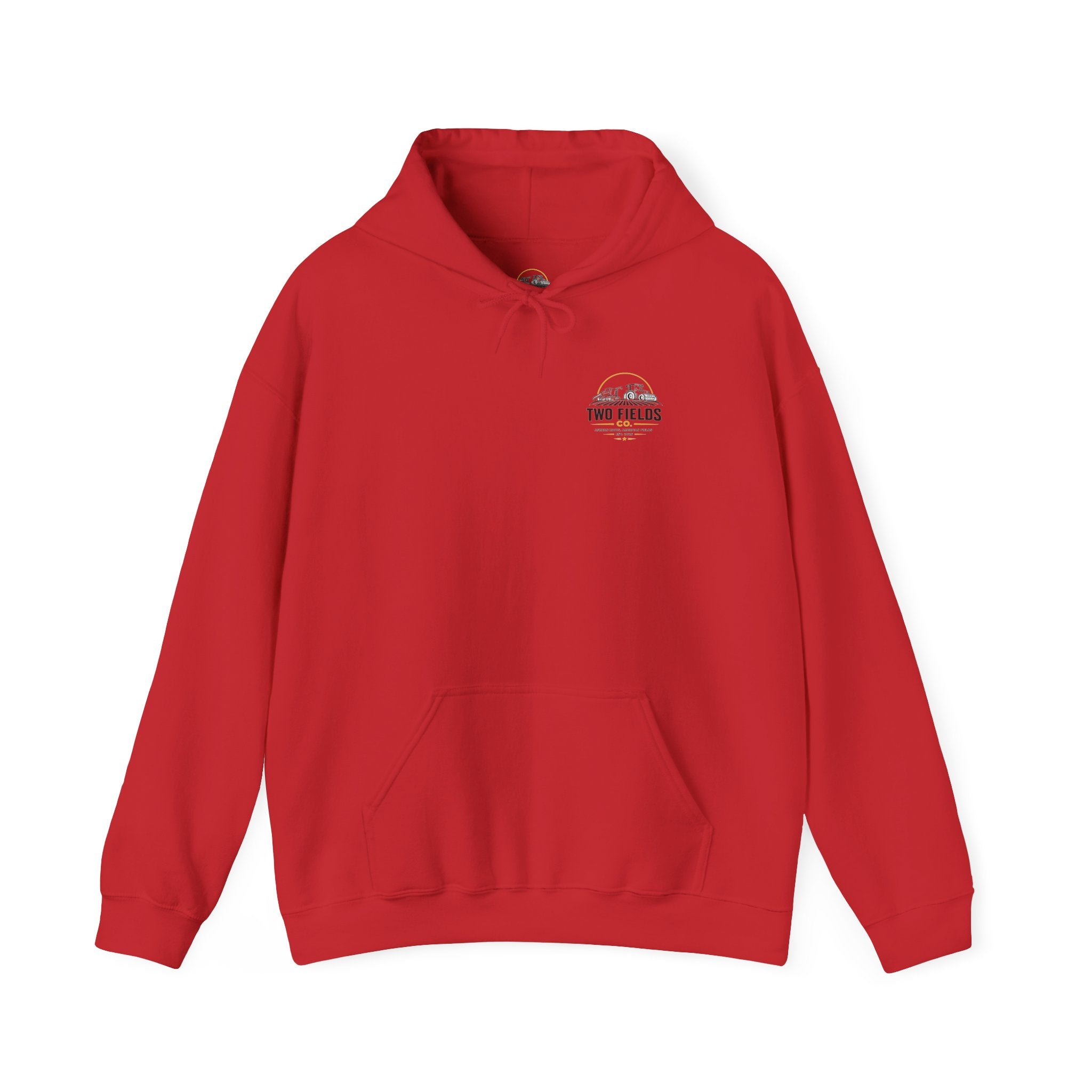Red pullover hoodie with hood, drawstring, kangaroo pocket, and small chest logo
