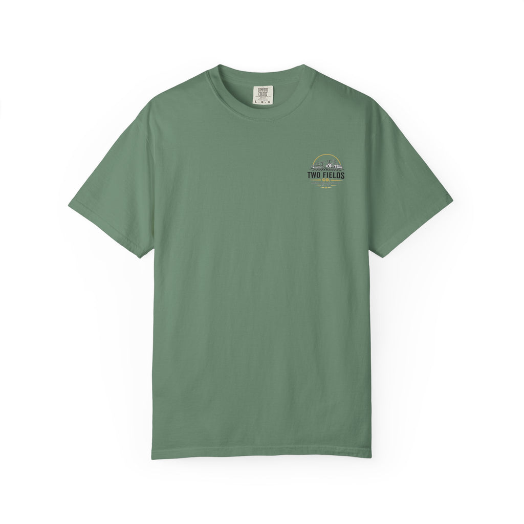 Green crewneck T-shirt with small circular Two Fields logo on the chest