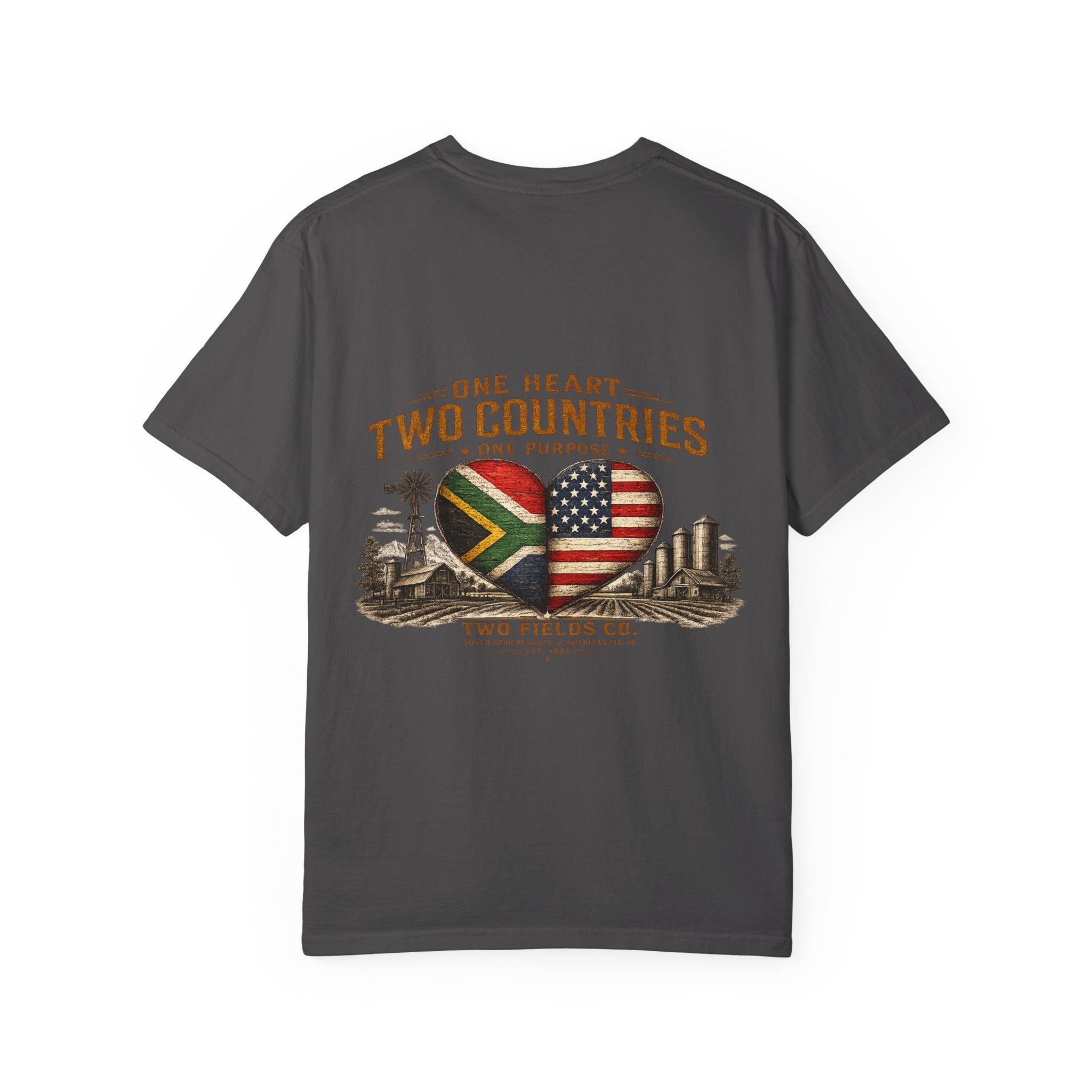 Dark gray T-shirt with heart flag graphic and skyline print on front
