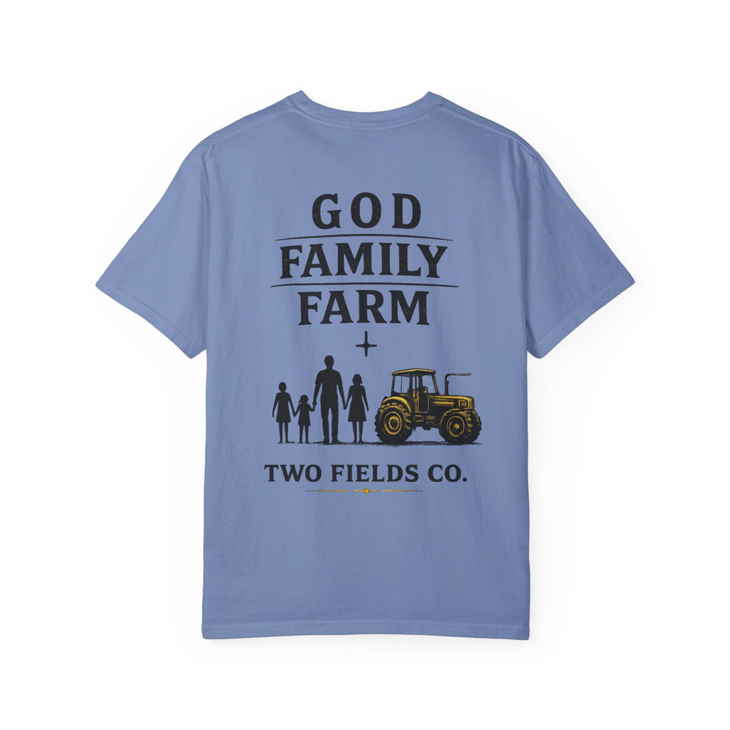 Light blue crewneck T-shirt with God Family Farm text and tractor graphic