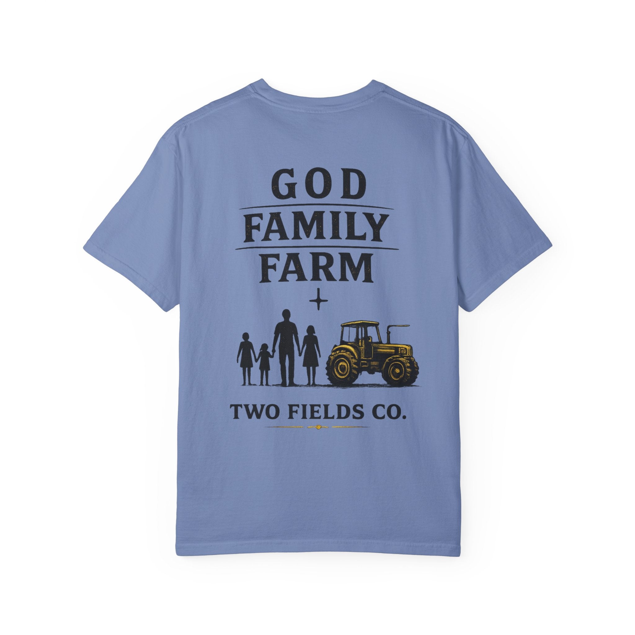Light blue crewneck T-shirt with God Family Farm text and tractor graphic
