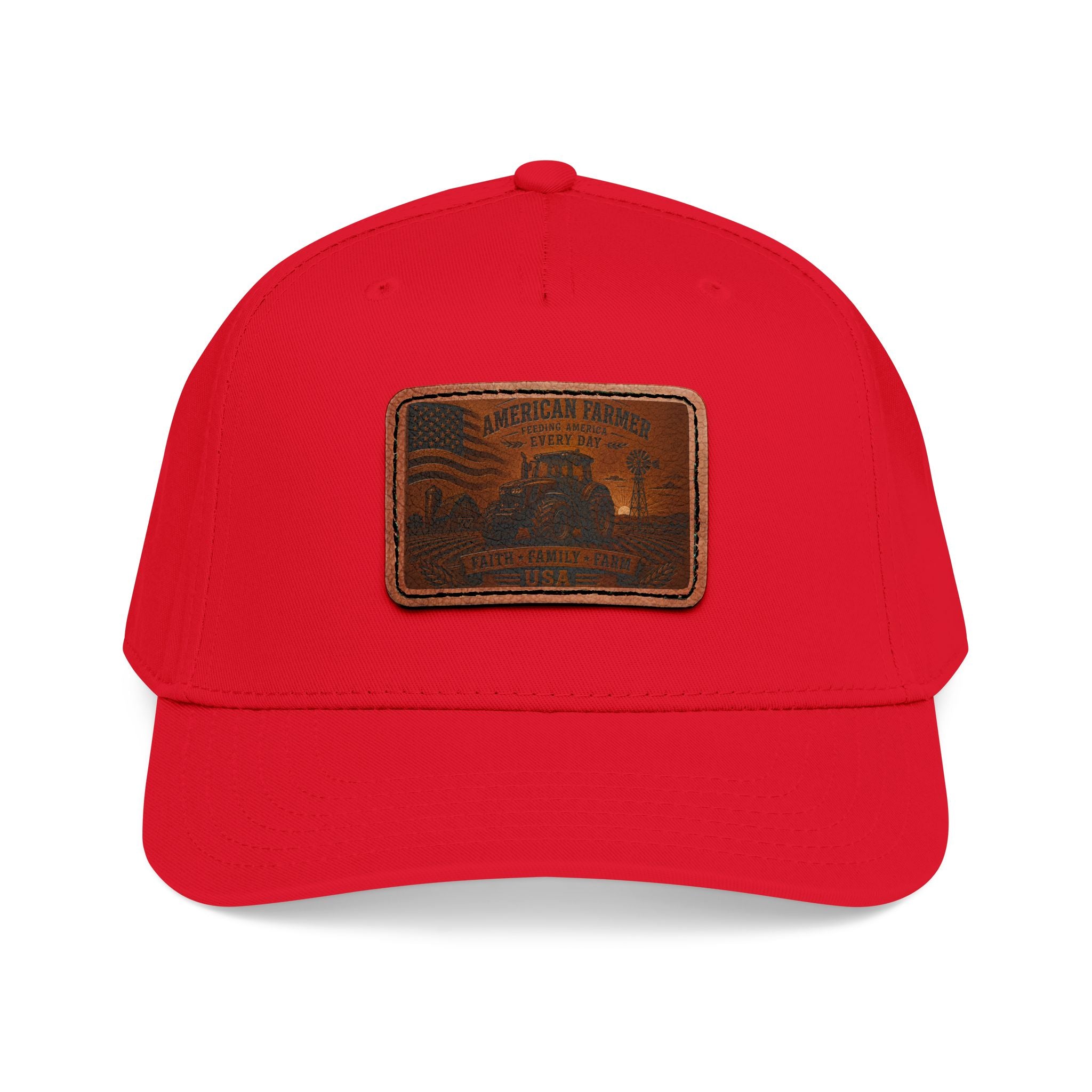 Leather patch baseball cap, bright red with rectangular light-brown front patch.