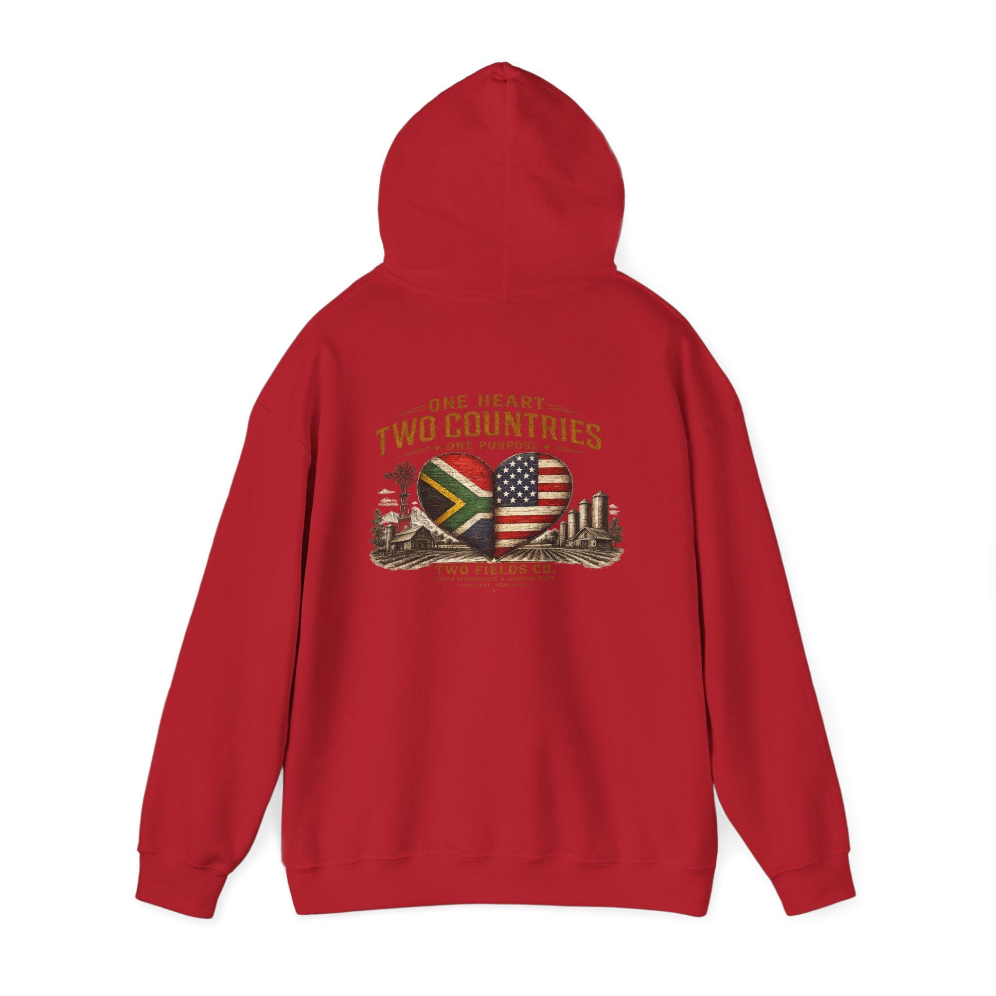 Red pullover hoodie with heart-and-flags graphic across the back