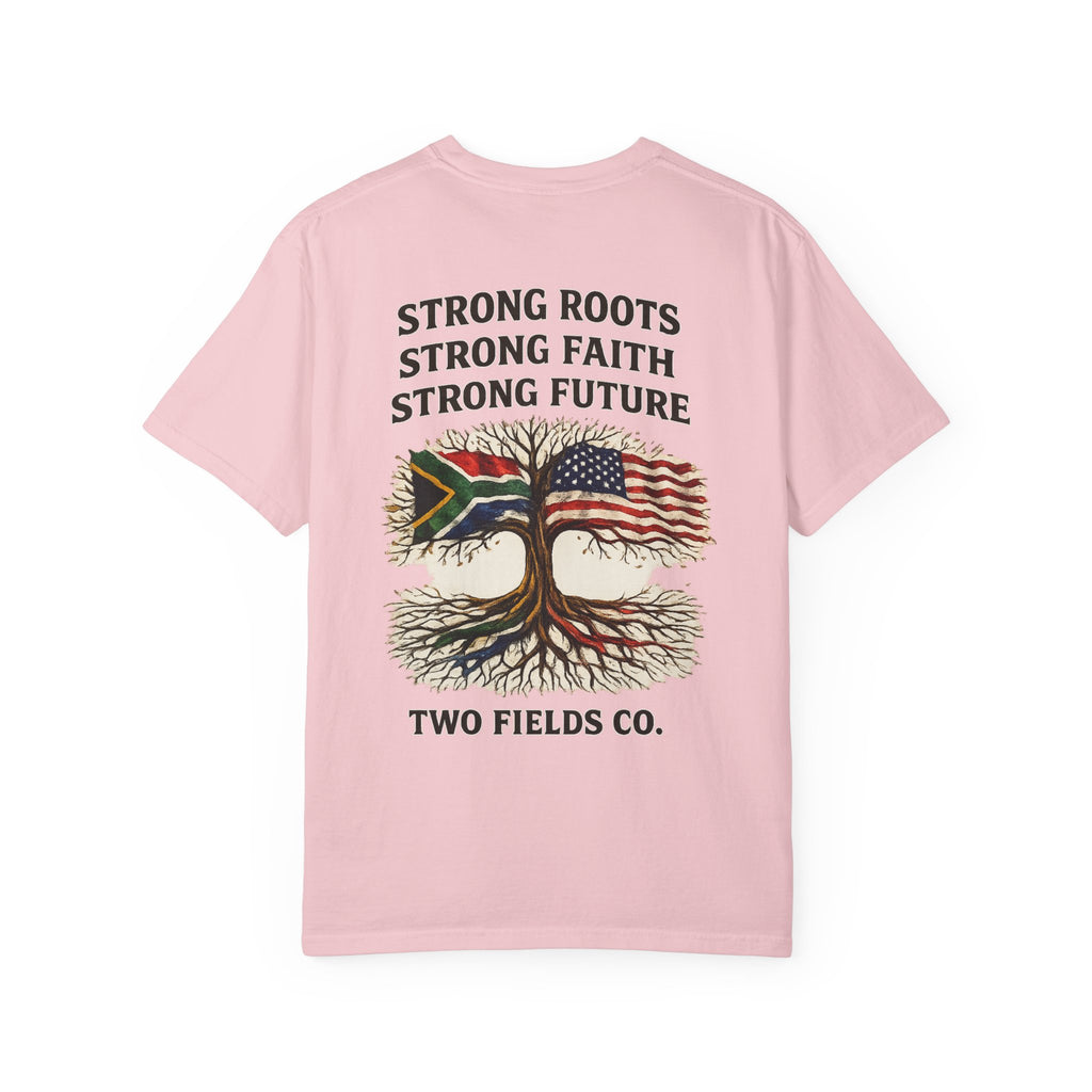 Light pink crew-neck T-shirt with Strong Roots faith future tree graphic and two flags